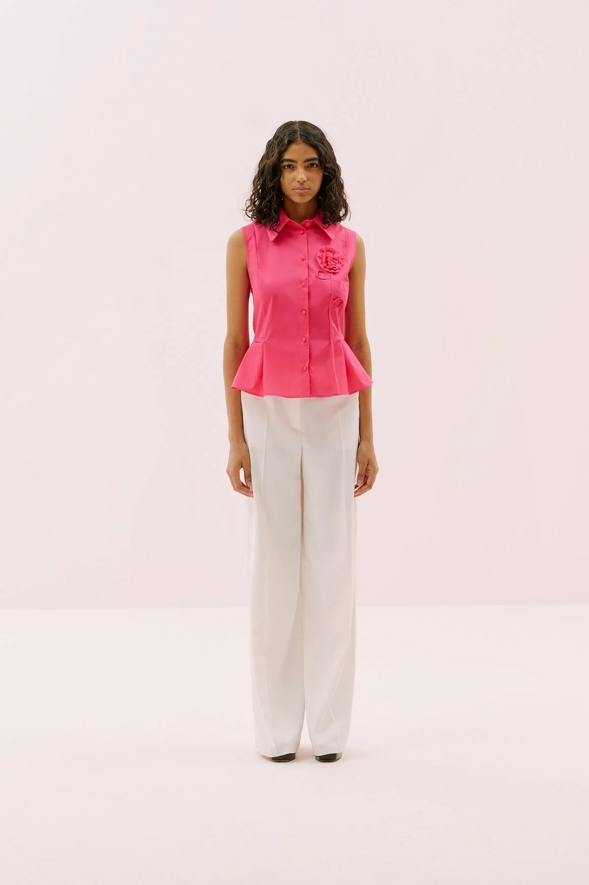 Çiçek Motifli Kolsuz Peplum Gömlek Fuşya - 5