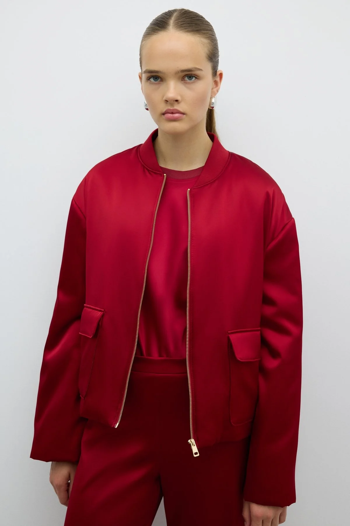 Çift Cepli Dolgulu Saten Mont Bordo - 1