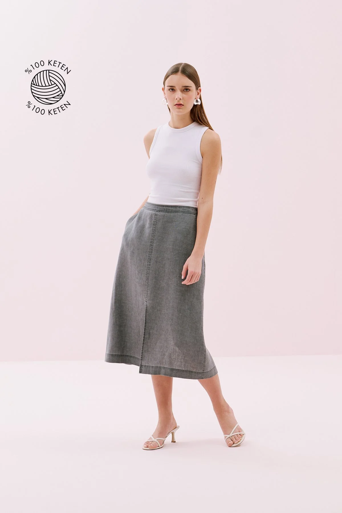 Çift Cepli Ön-Arka Yırtmaçlı Keten Midi Boy Etek Antrasit - 1