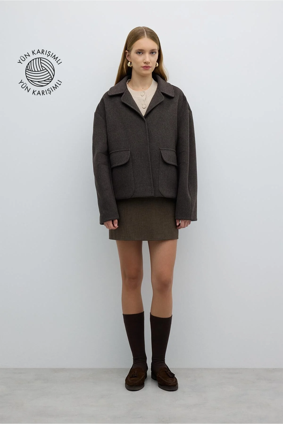 Çift Cepli Önden Çıtçıtlı Yün Karışımlı Mont Kahve - 1