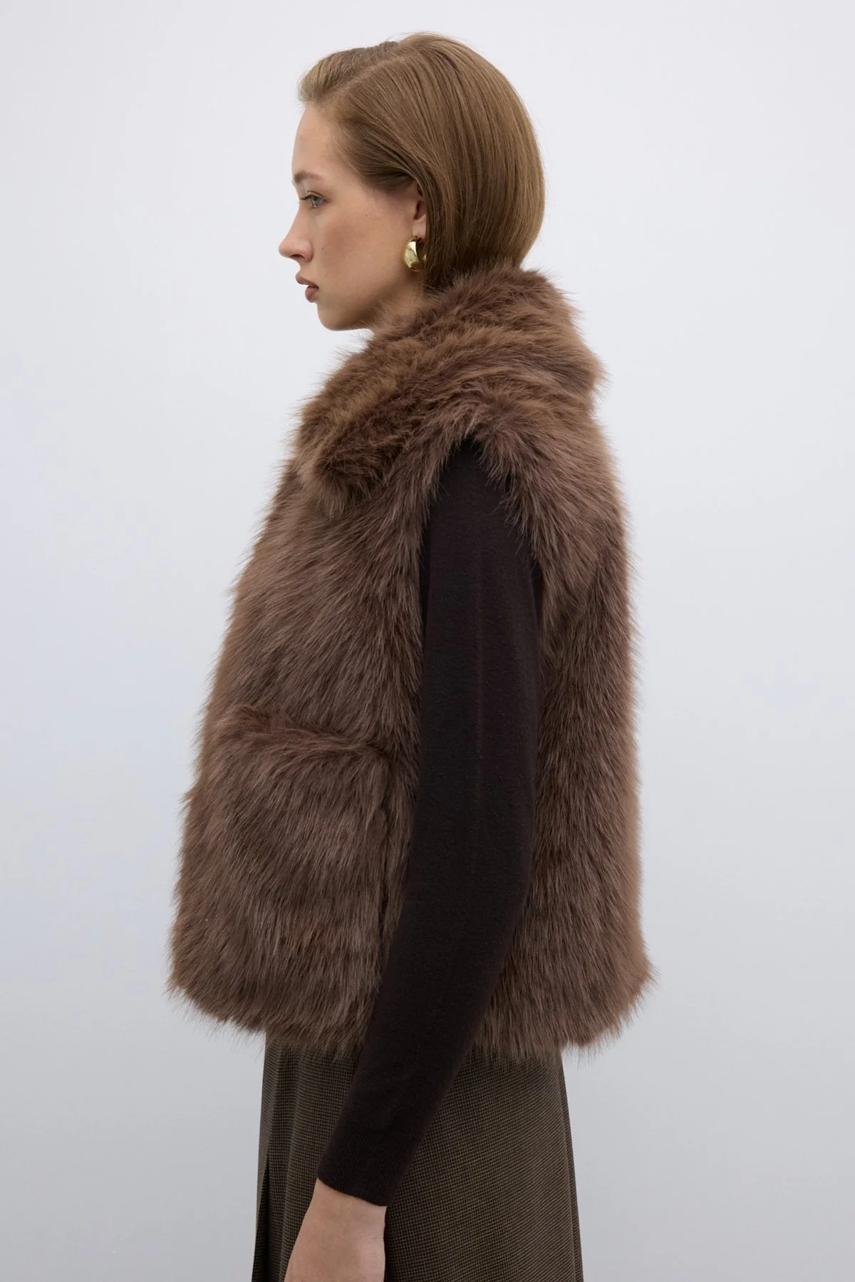 Çift Cepli Peluş Yelek Kahve - 6