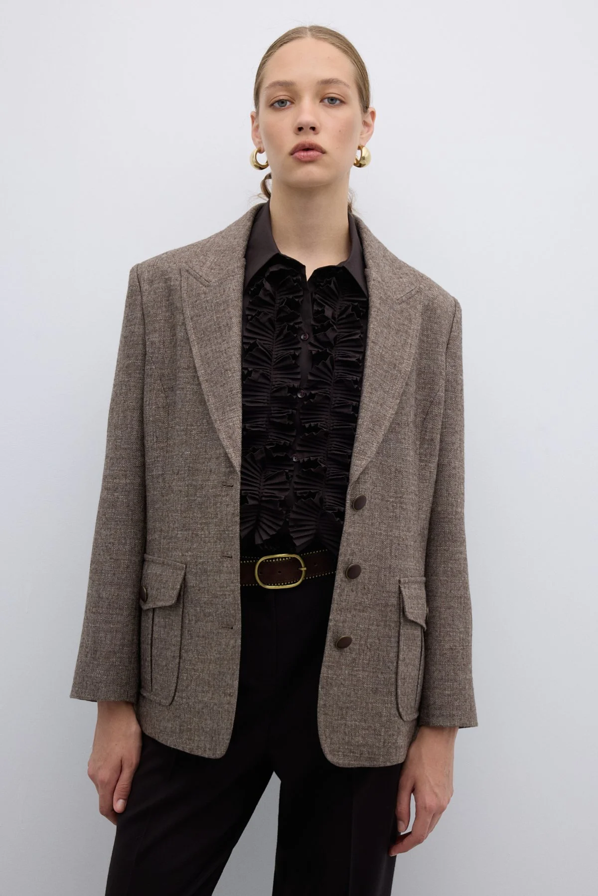 Çift Cepli Yün Karışımlı Ceket Kahve - 3