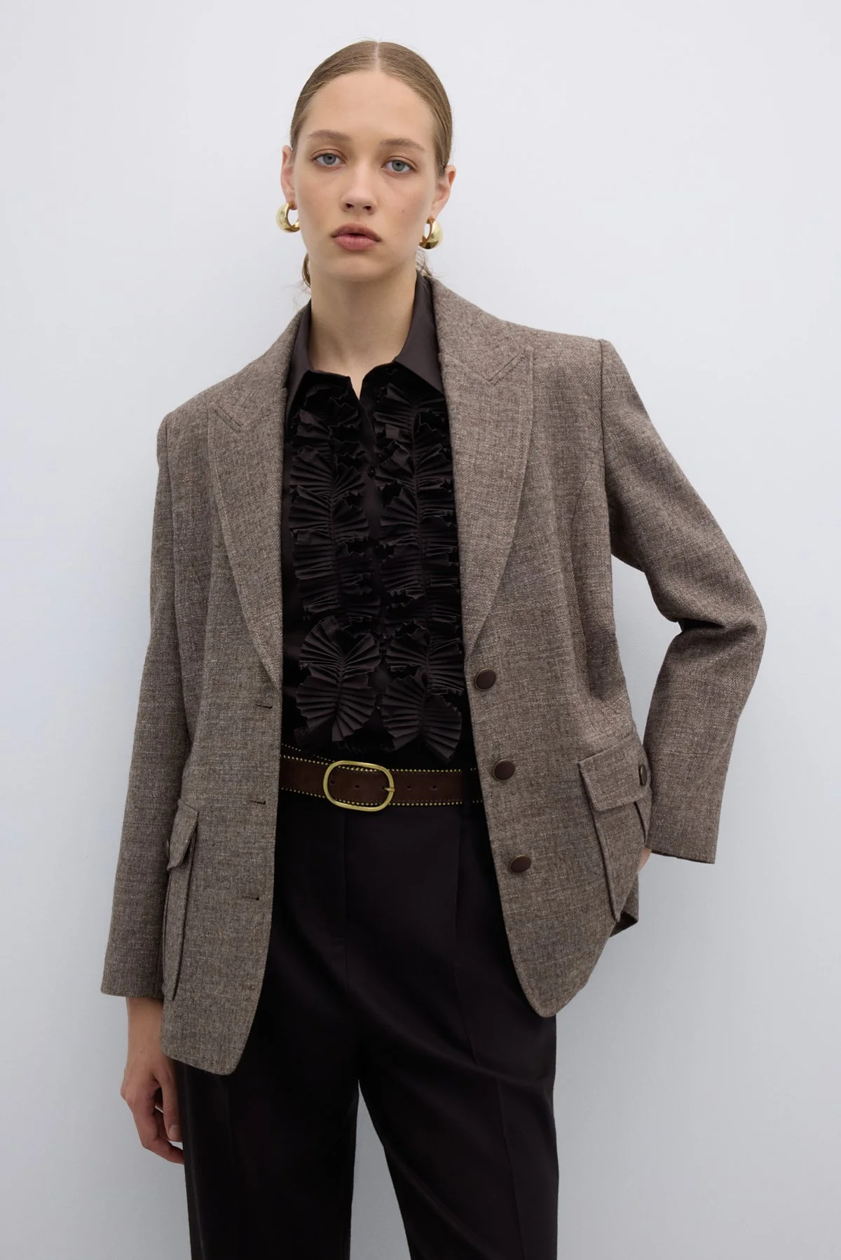 Çift Cepli Yün Karışımlı Ceket Kahve - 1