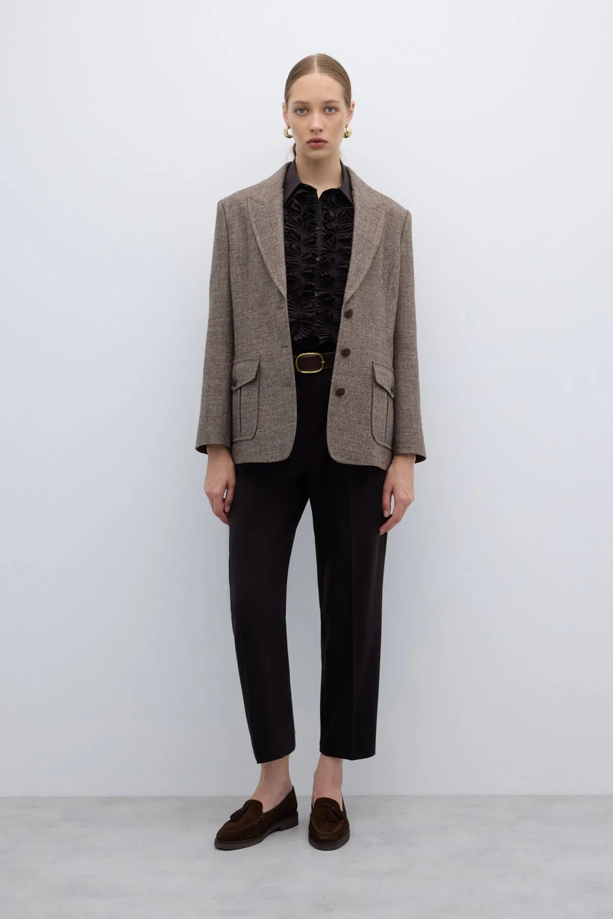 Çift Cepli Yün Karışımlı Ceket Kahve - 6