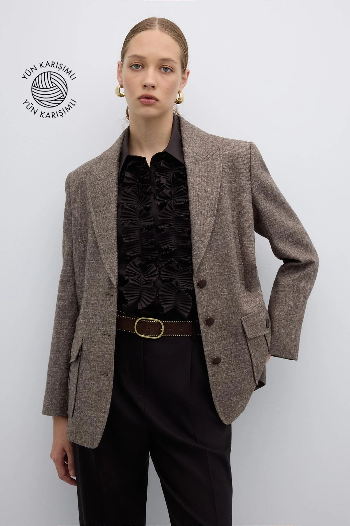 Çift Cepli Yün Karışımlı Ceket Kahve - 1