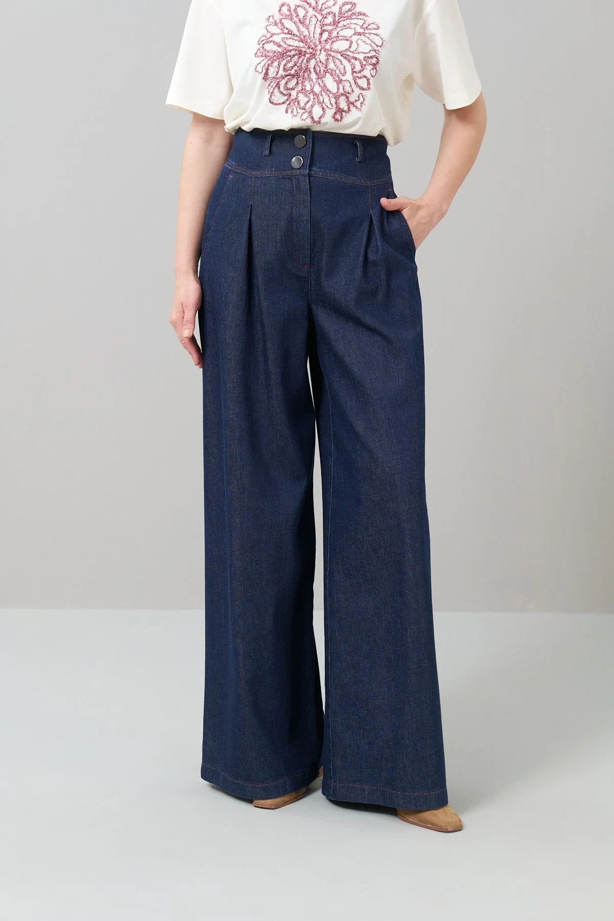 Çift Düğmeli Geniş Paça Denim Pantolon Lacivert - 3