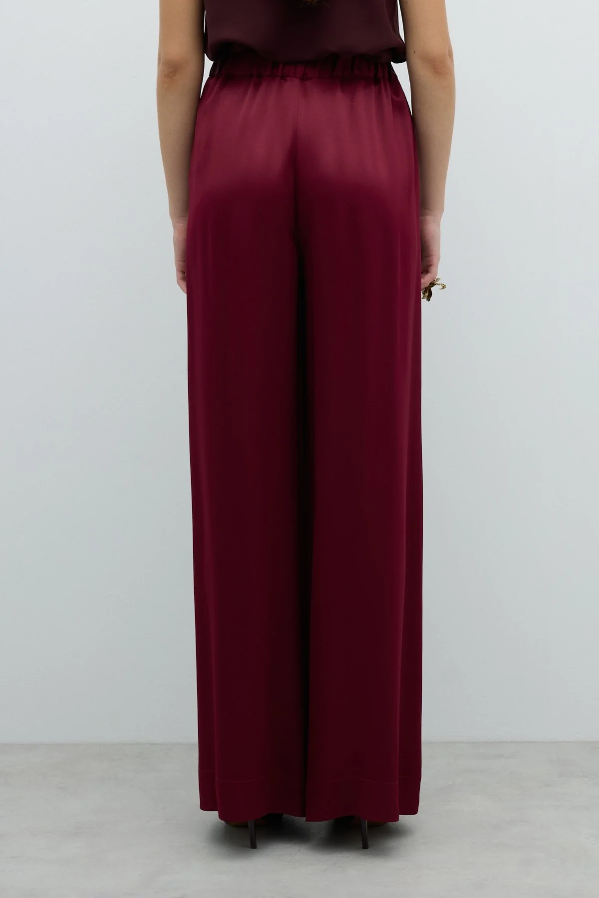 Çift Pileli Geniş Paça Saten Pantolon Bordo - 2
