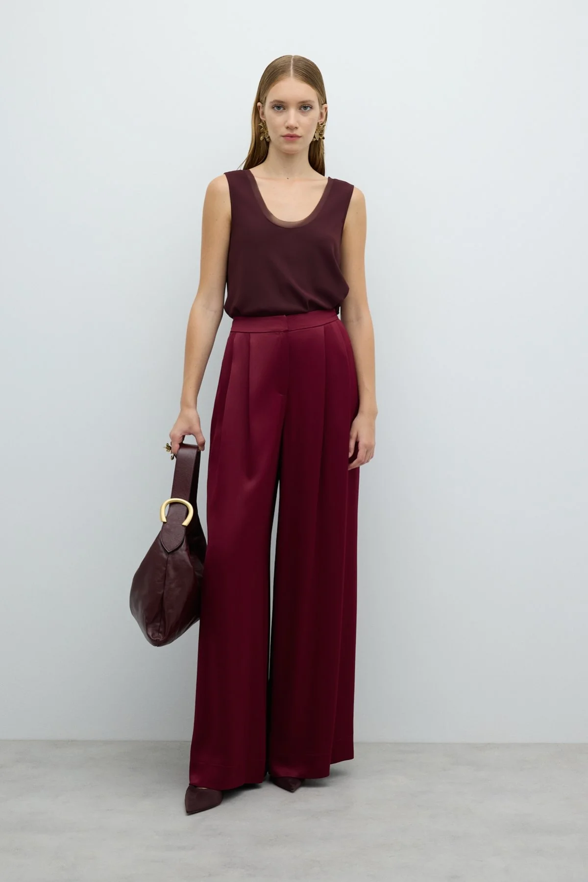 Çift Pileli Geniş Paça Saten Pantolon Bordo - 4
