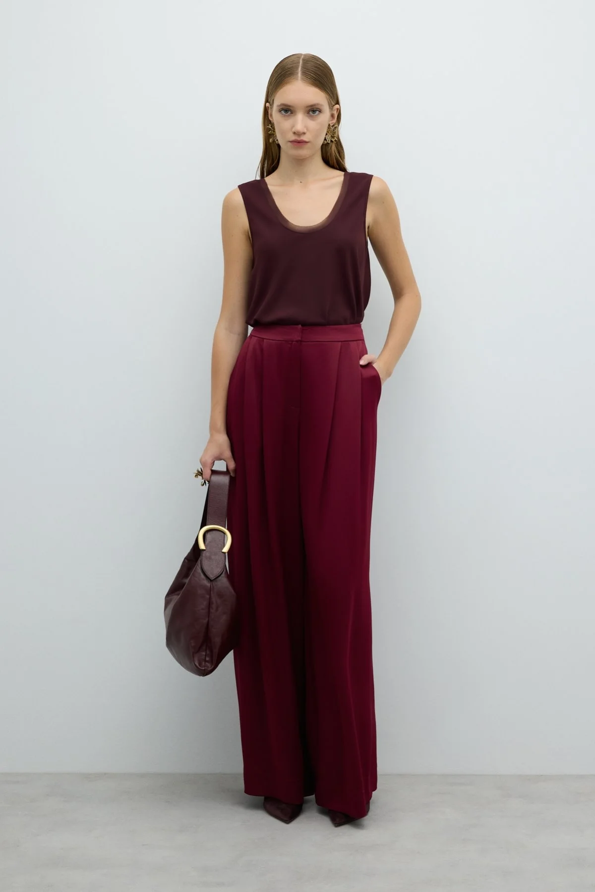 Çift Pileli Geniş Paça Saten Pantolon Bordo - 1