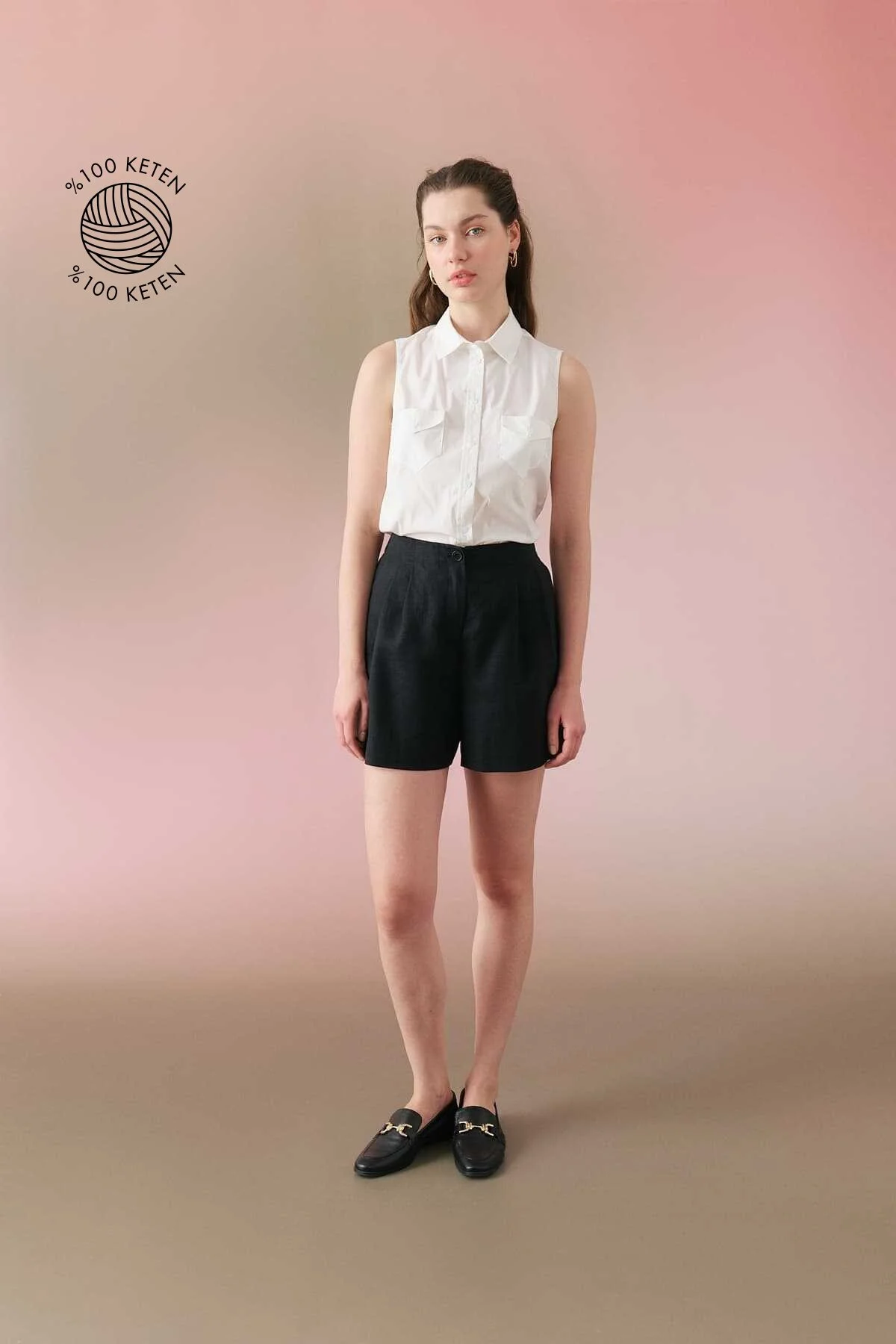 Çift Pileli Keten Şort Siyah - 1