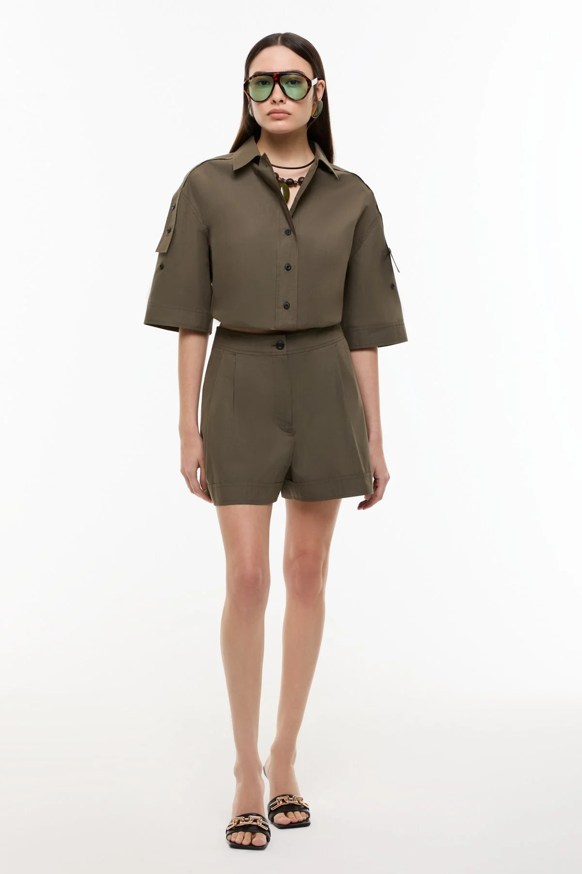 Çift Pileli Şort Haki - 1