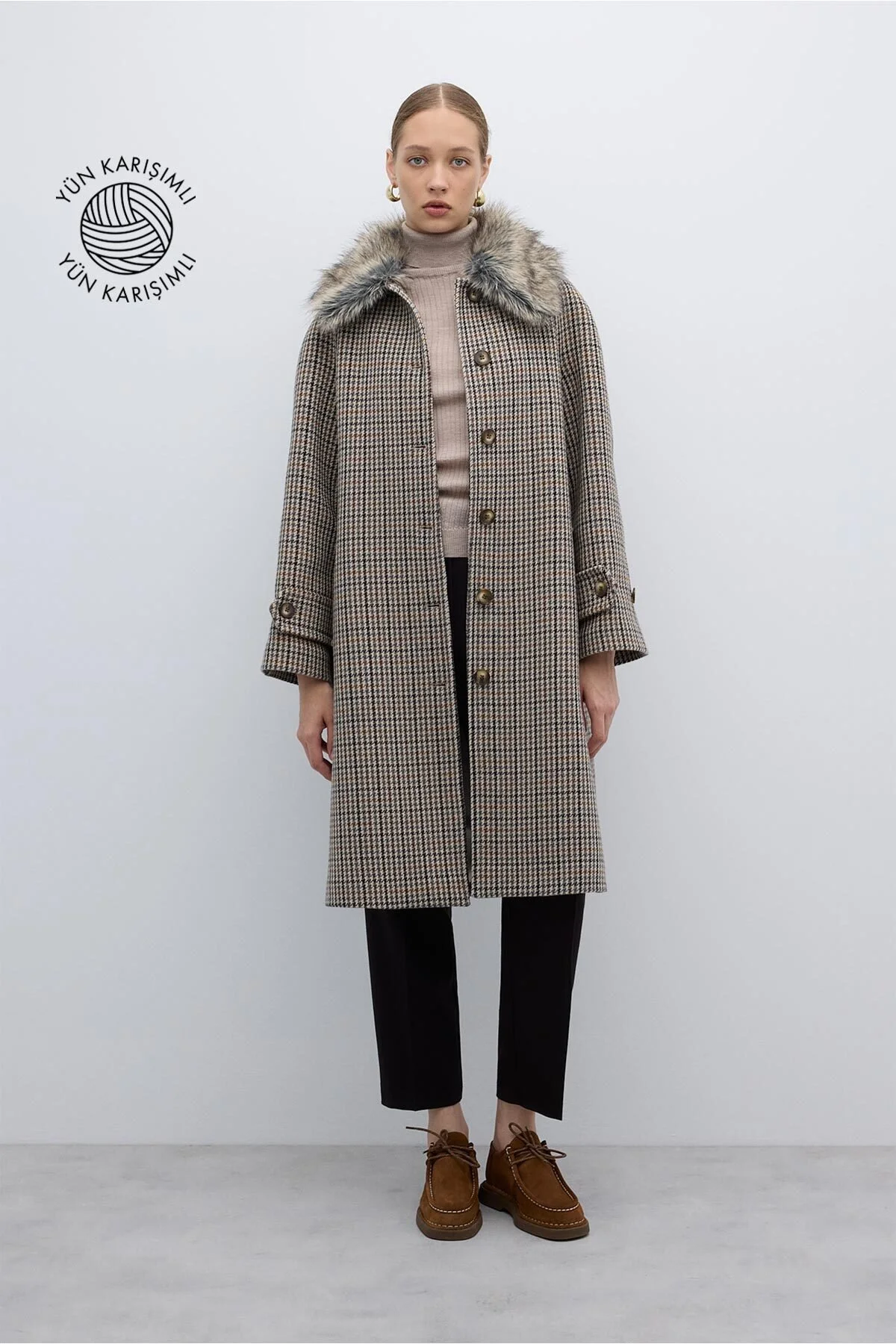 Çıkarılabilir Kürk Yaka Yün Karışımlı Kaban Standart Renk - 1