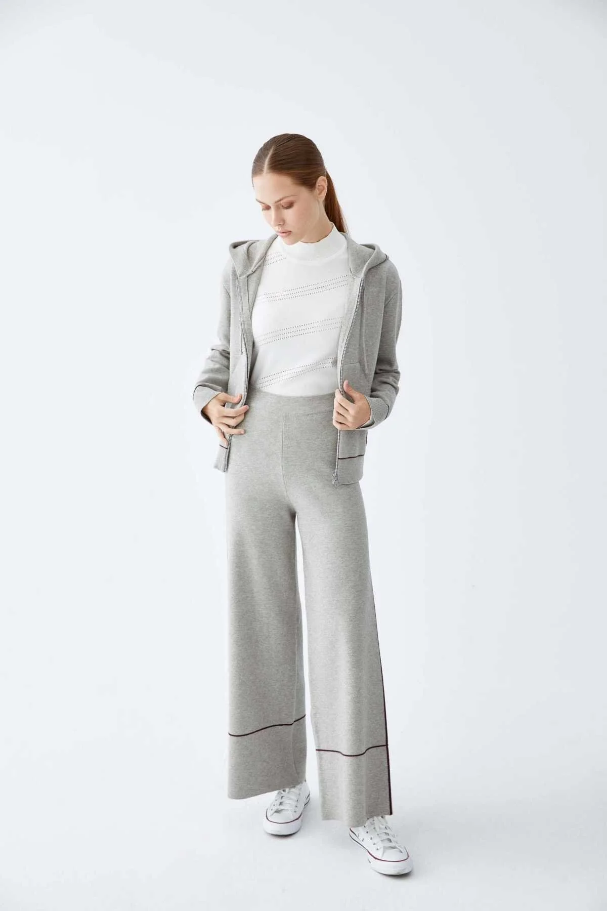  Çizgi Detaylı Triko Kadın Pantolon Gri - 1