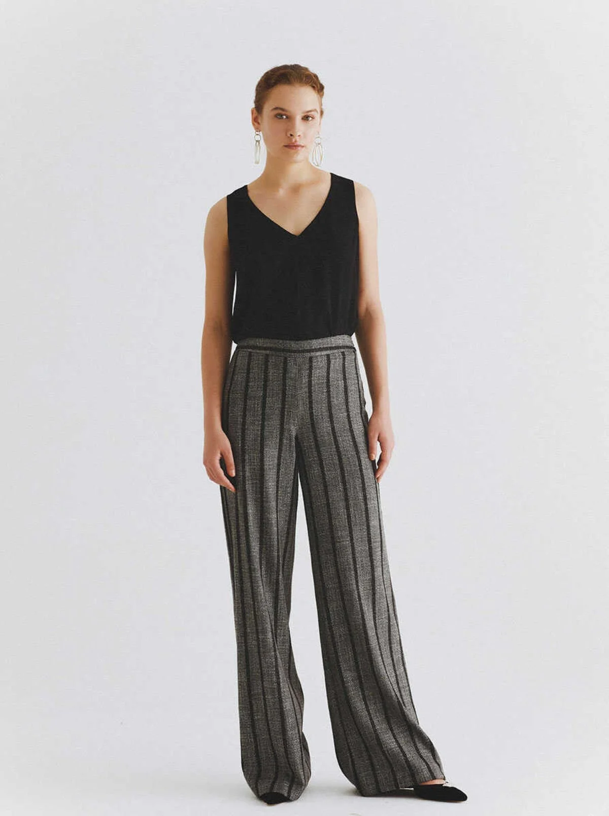  Çizgili Geniş Pantolon Gri-Siyah - 1