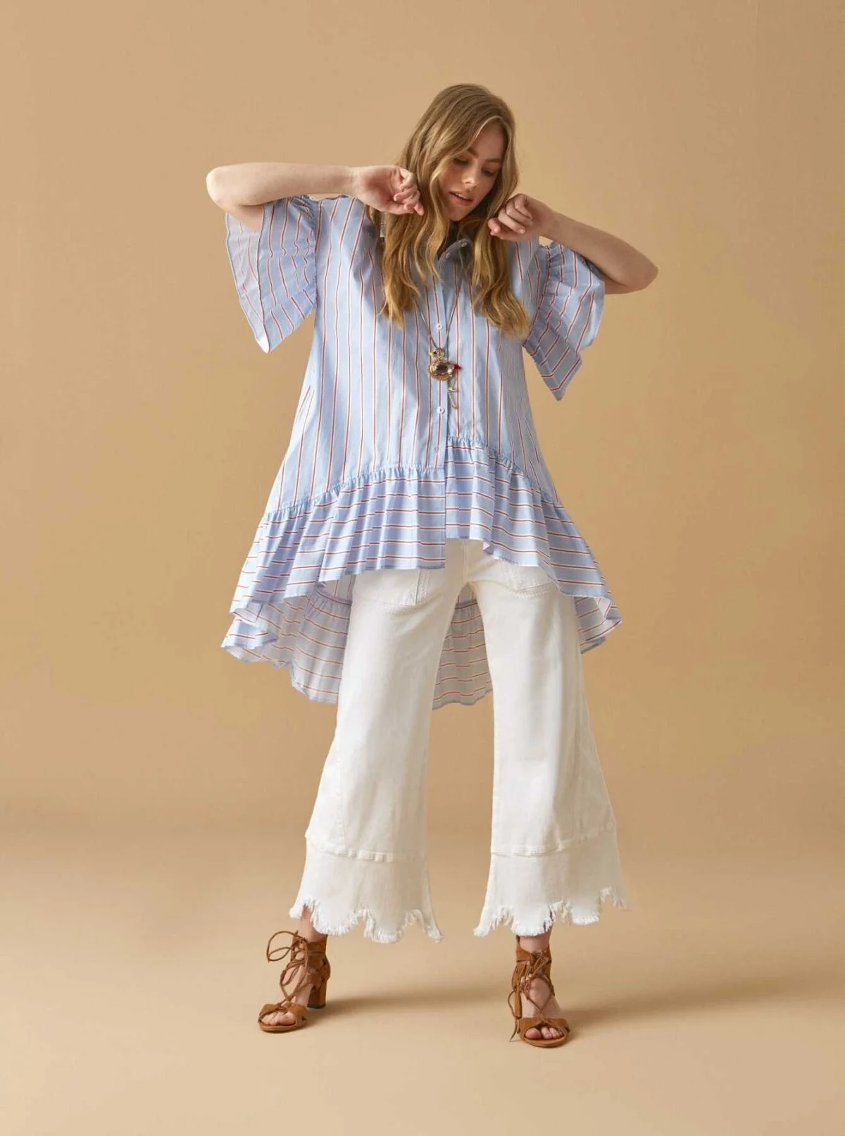 Çizgili Omuz Detaylı Bluz Standart Renk - 1