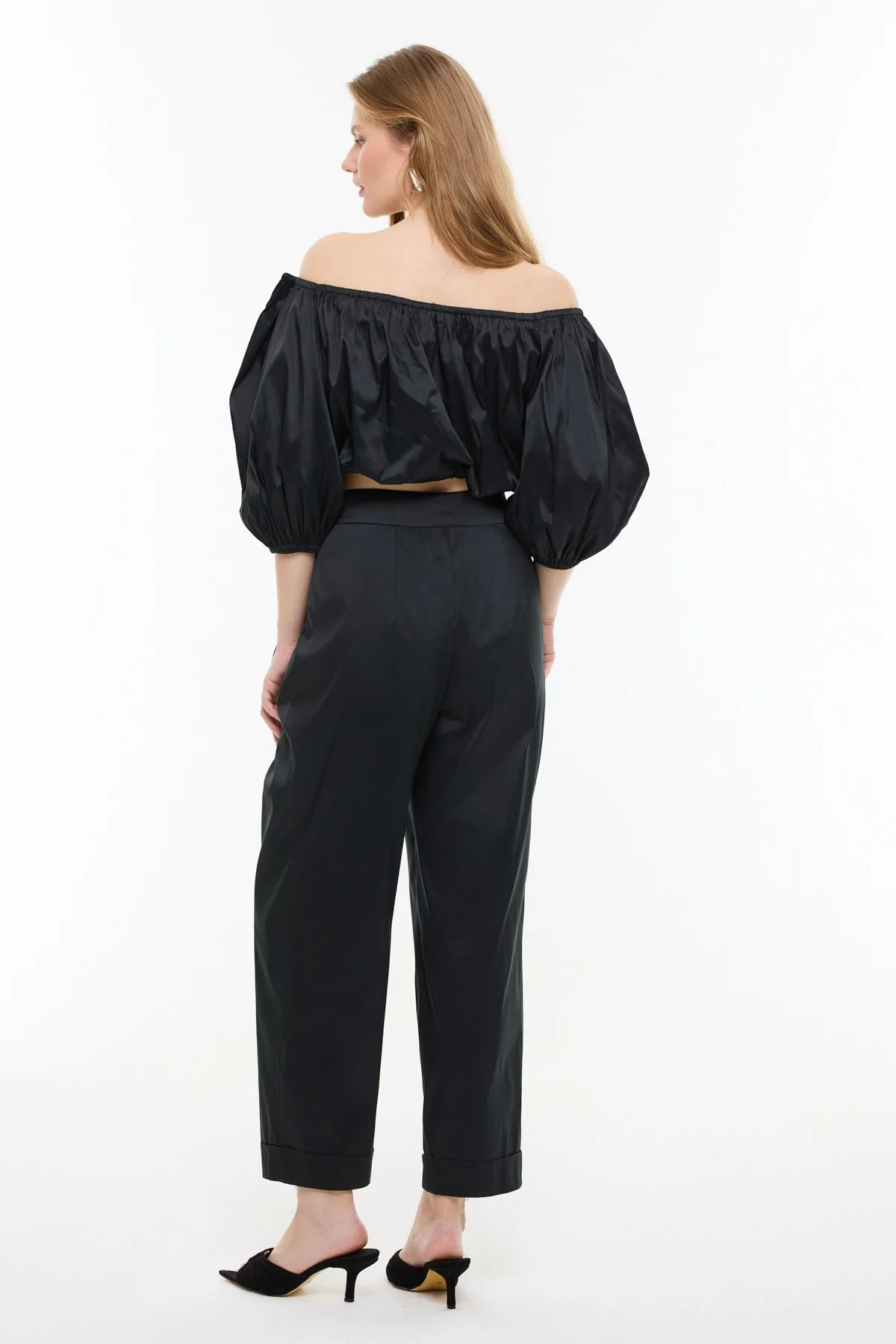 Crop Balon Kol Tafta Bluz Siyah - 2