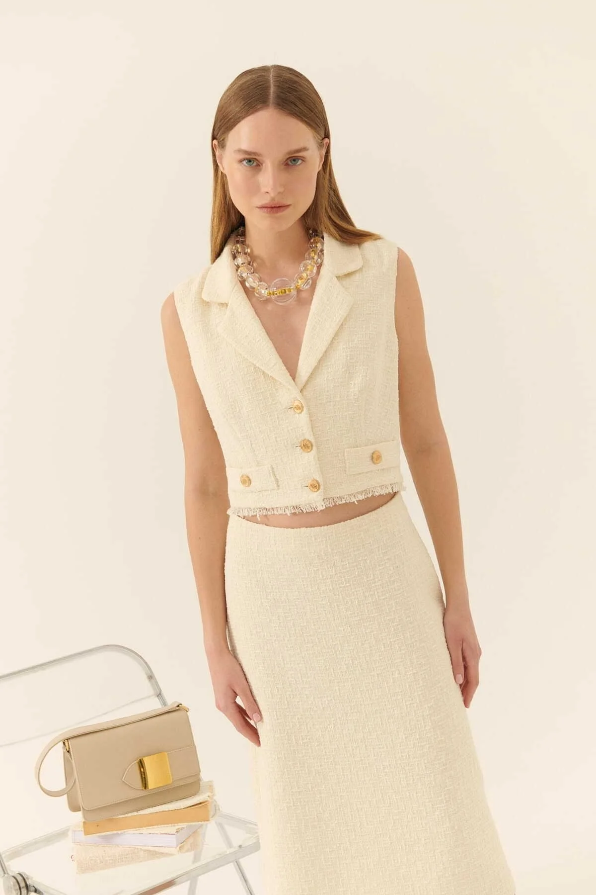  Cut Out Detaylı Midi Tüvit Elbise Kemik - 3