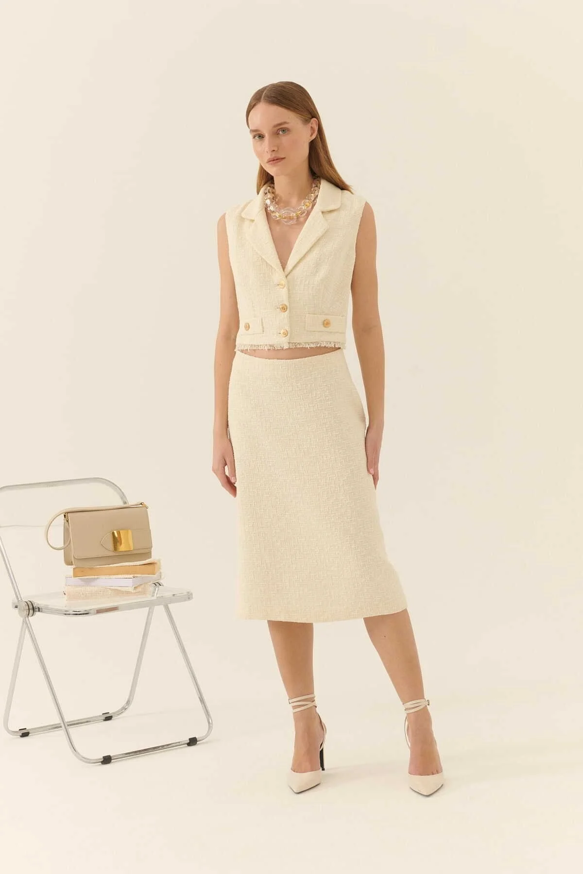  Cut Out Detaylı Midi Tüvit Elbise Kemik - 1