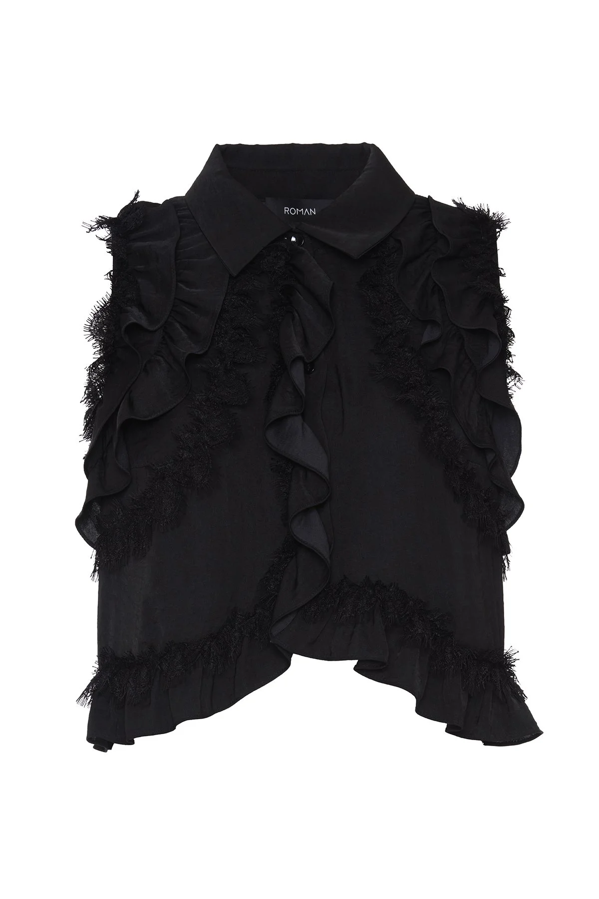 Dantel ve Volan Detaylı Kolsuz Gömlek Siyah - 5