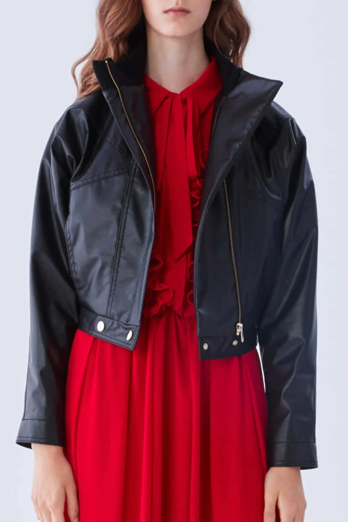 Deri Görünümlü Kısa Ceket Siyah - 1