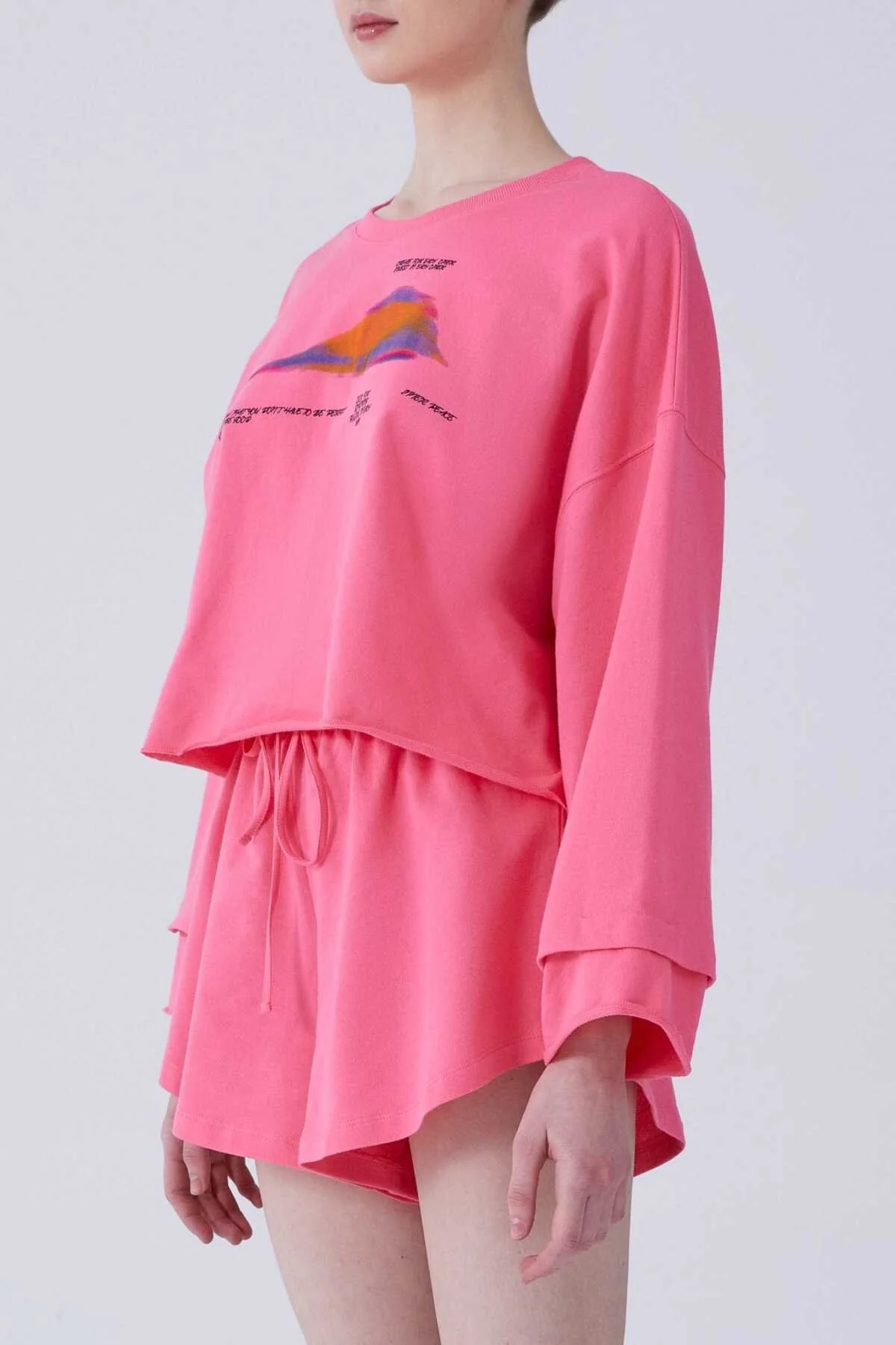 Desenli Crop Sweatshirt Pembe - 3