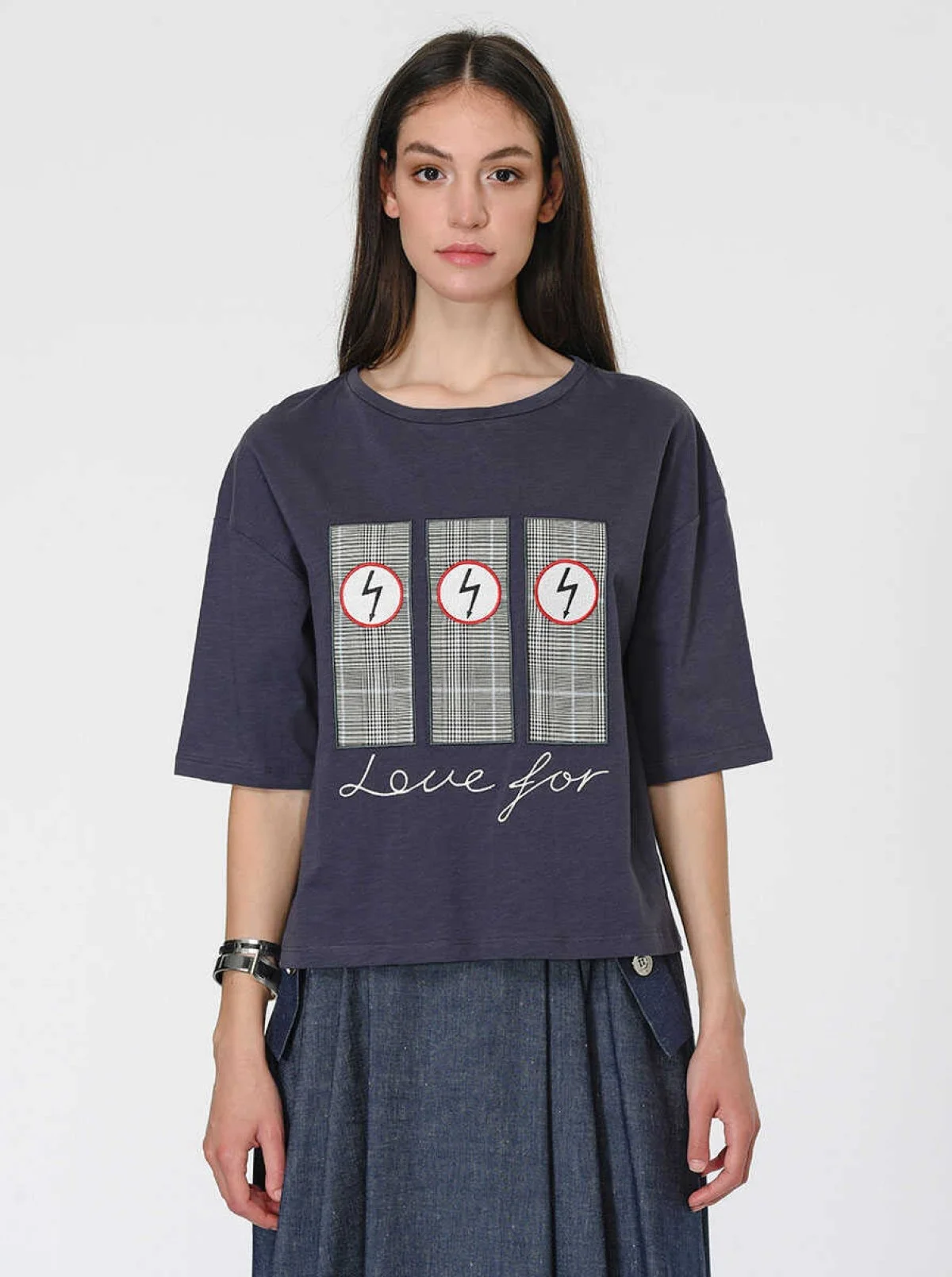 Desenli Geniş Kadın T-Shirt Antrasit - 1