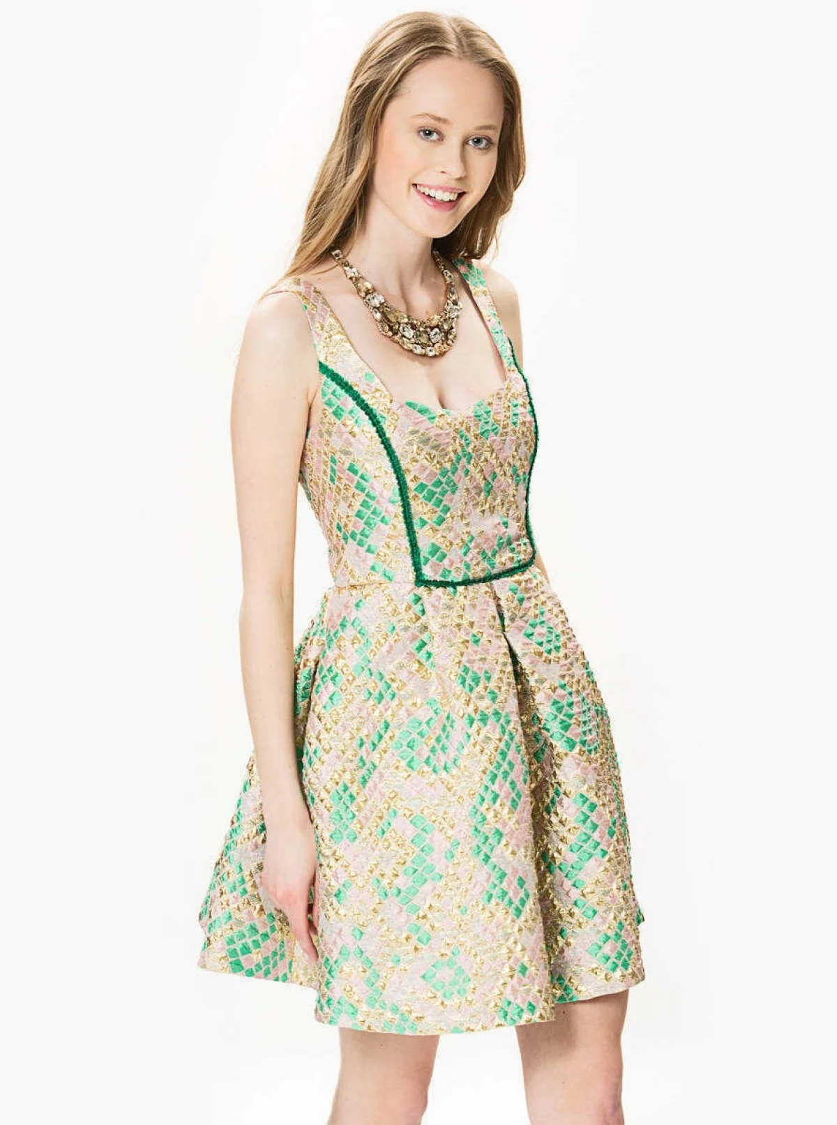 Desenli Kabarık Gold Mini Elbise Orginal - 1