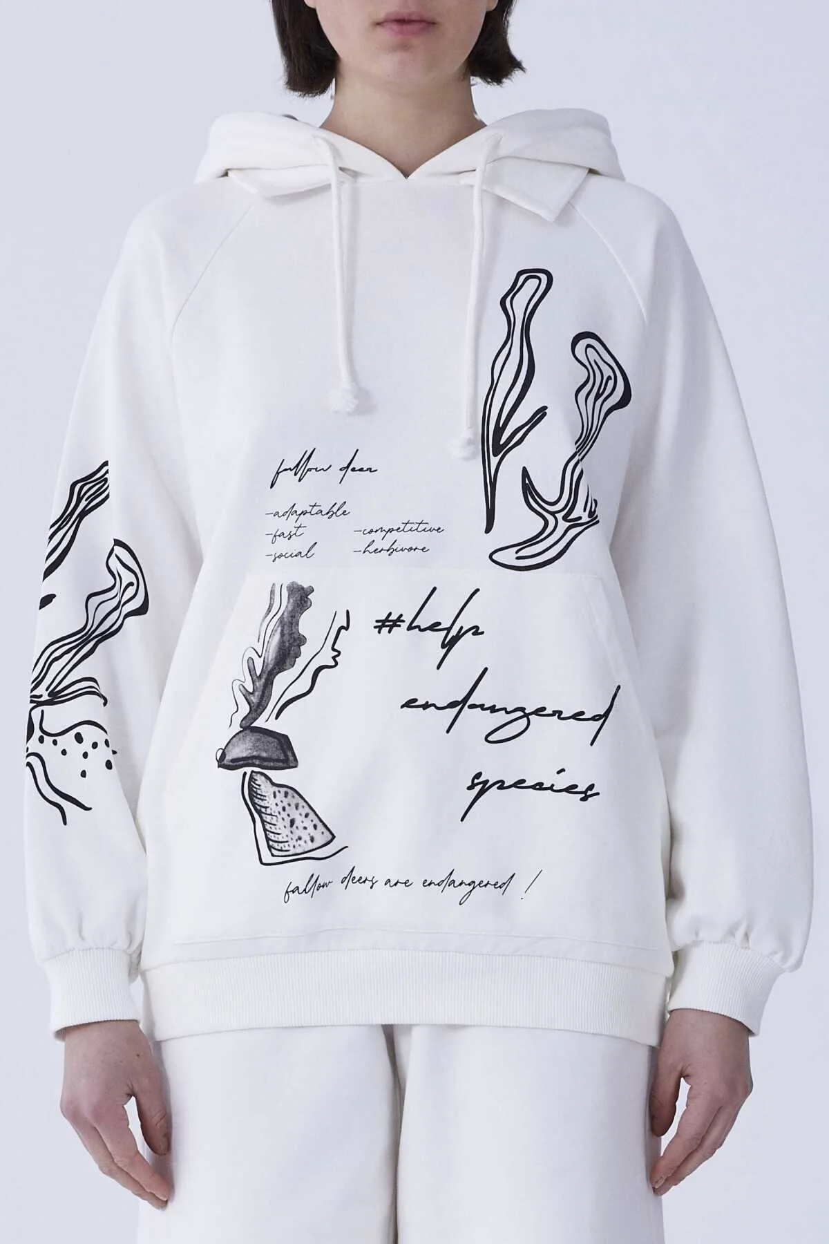 Desenli Kapüşonlu Sweatshirt Beyaz - 1