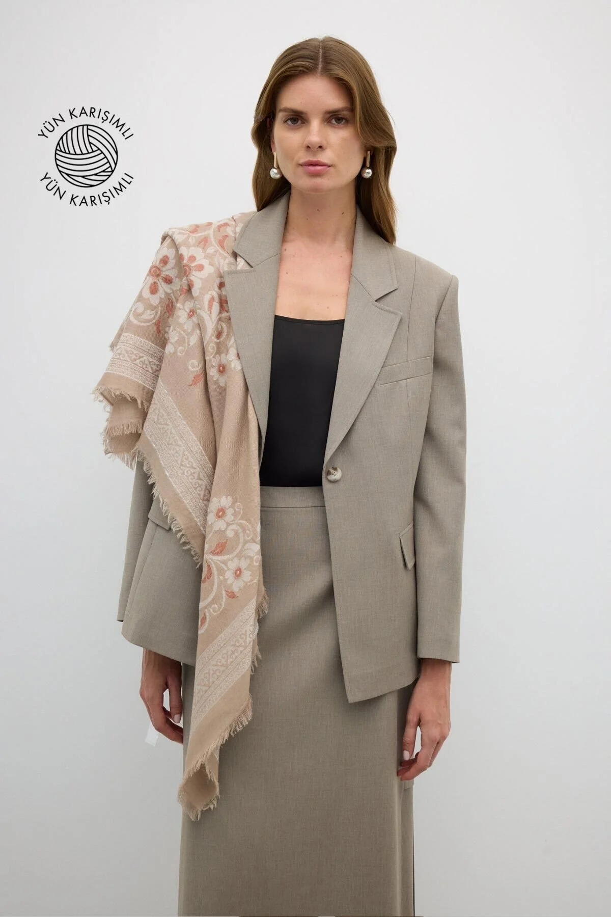 Yün Karışımlı Desenli Şal Standart Renk - 1