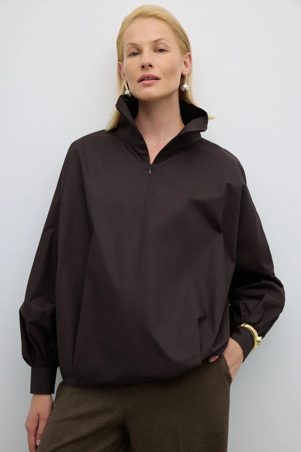 Dik Yaka Fermuarlı Gömlek Kahve - 1