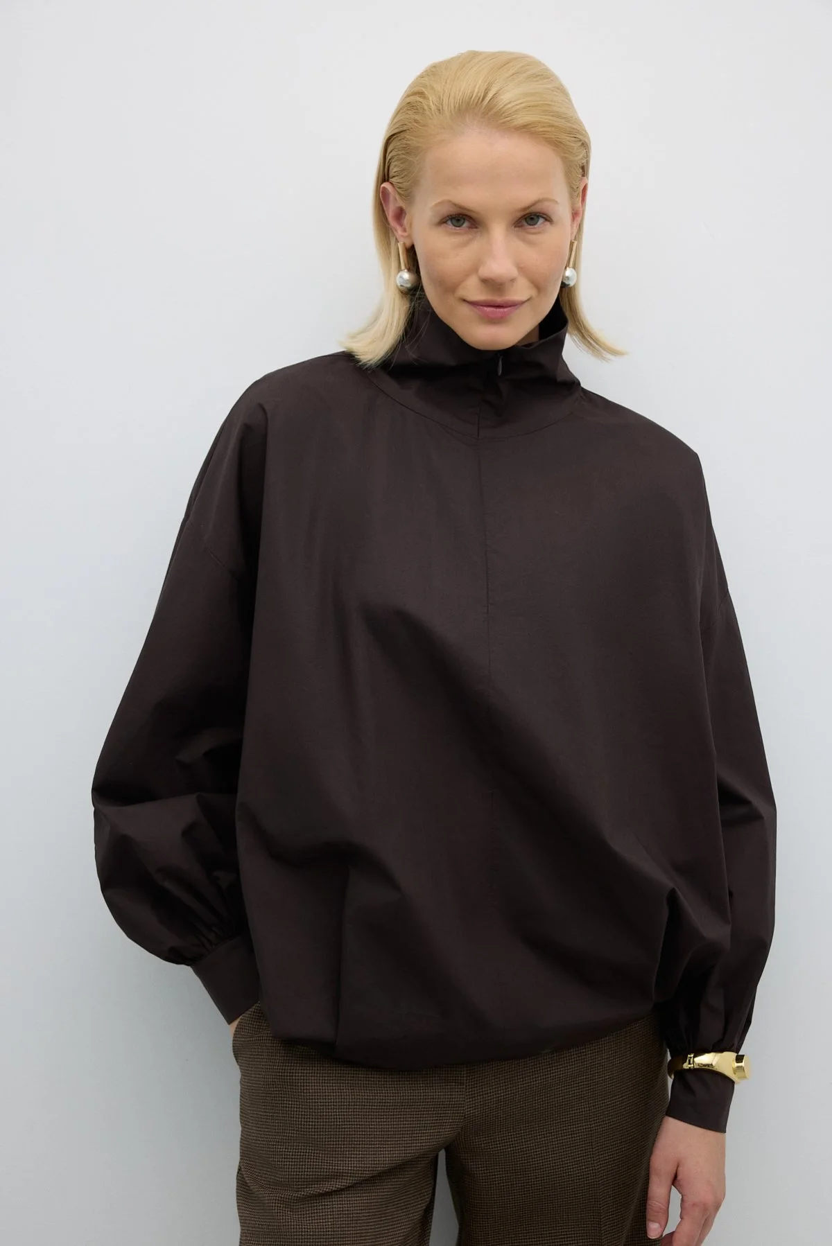 Dik Yaka Fermuarlı Gömlek Kahve - 4