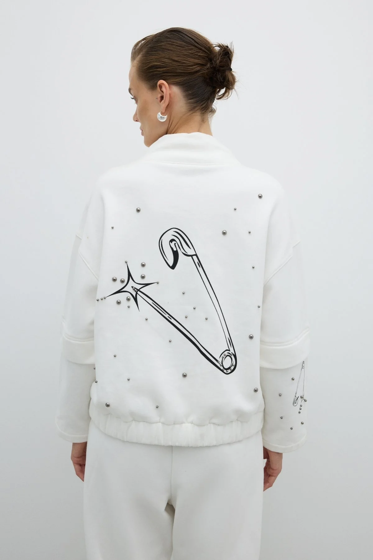 Dik Yaka Fermuarlı Trok Detaylı Sweatshirt Beyaz - 2