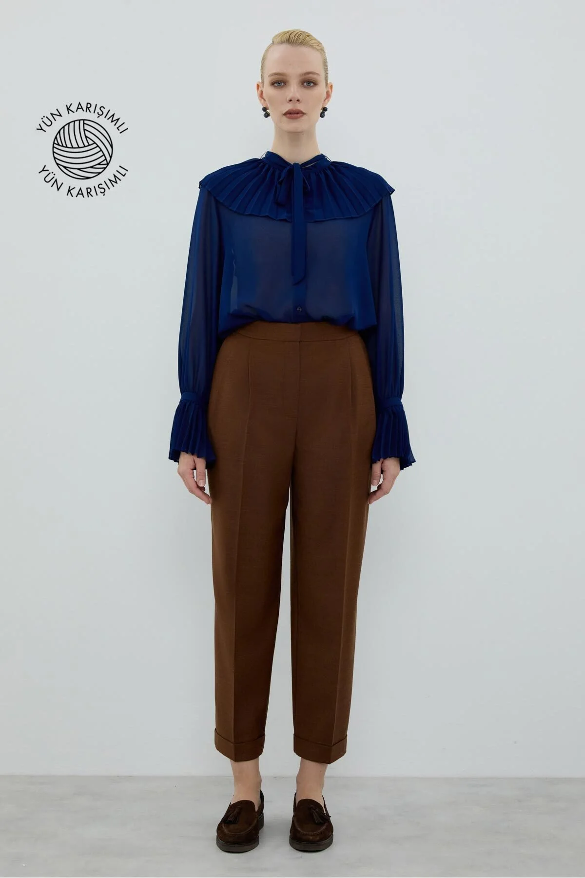 Double Paça Çift Pileli Havuç Pantolon Kahve - 1