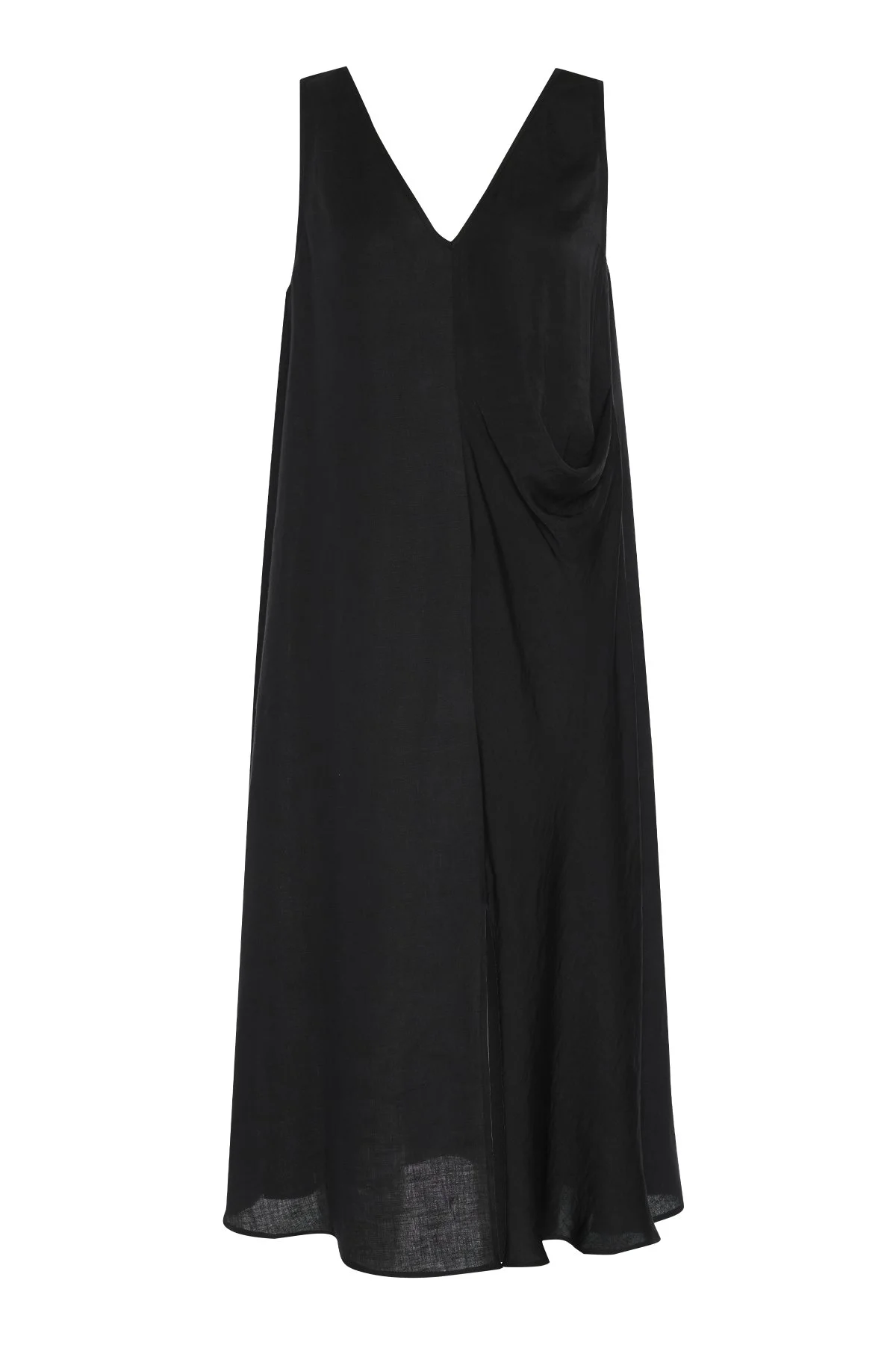 Drape Detaylı Keten Elbise Siyah - 3