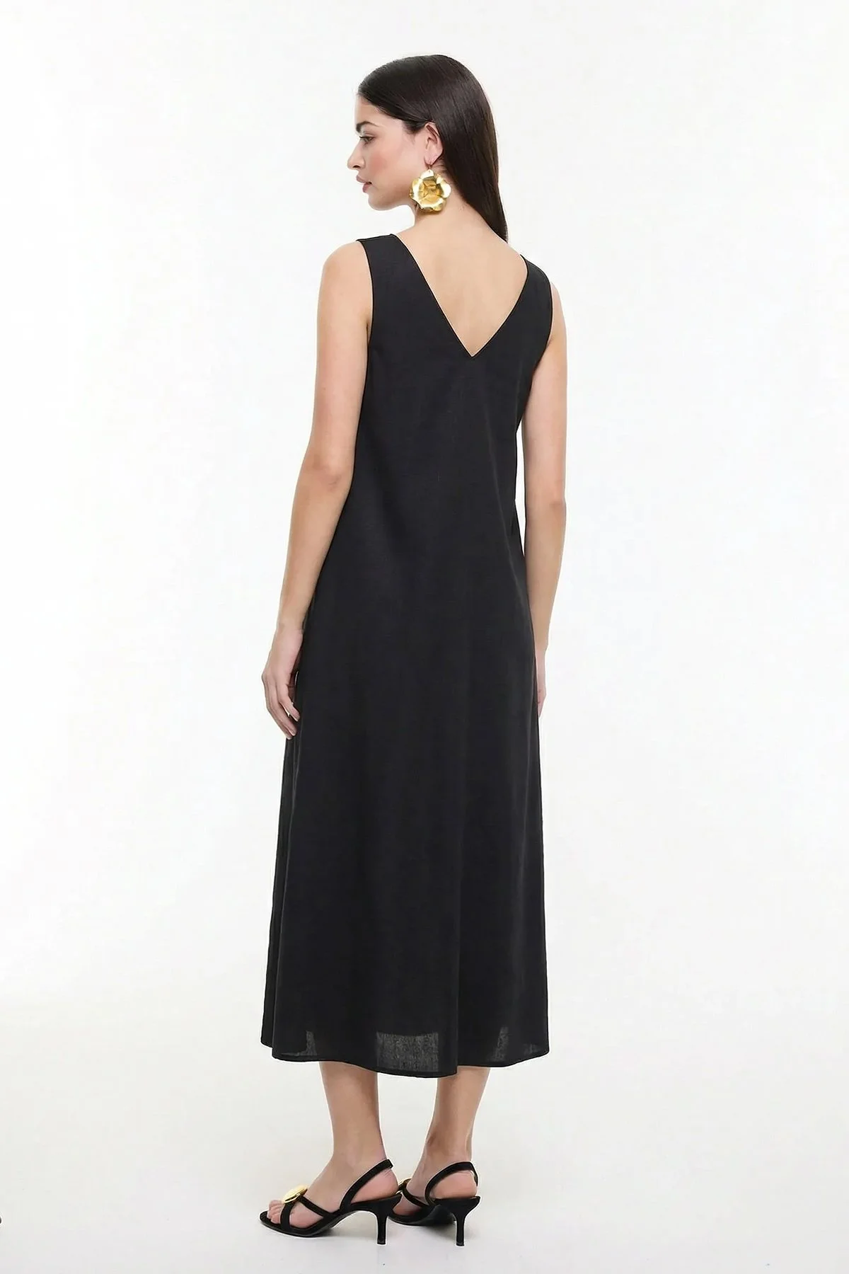 Drape Detaylı Keten Elbise Siyah - 2