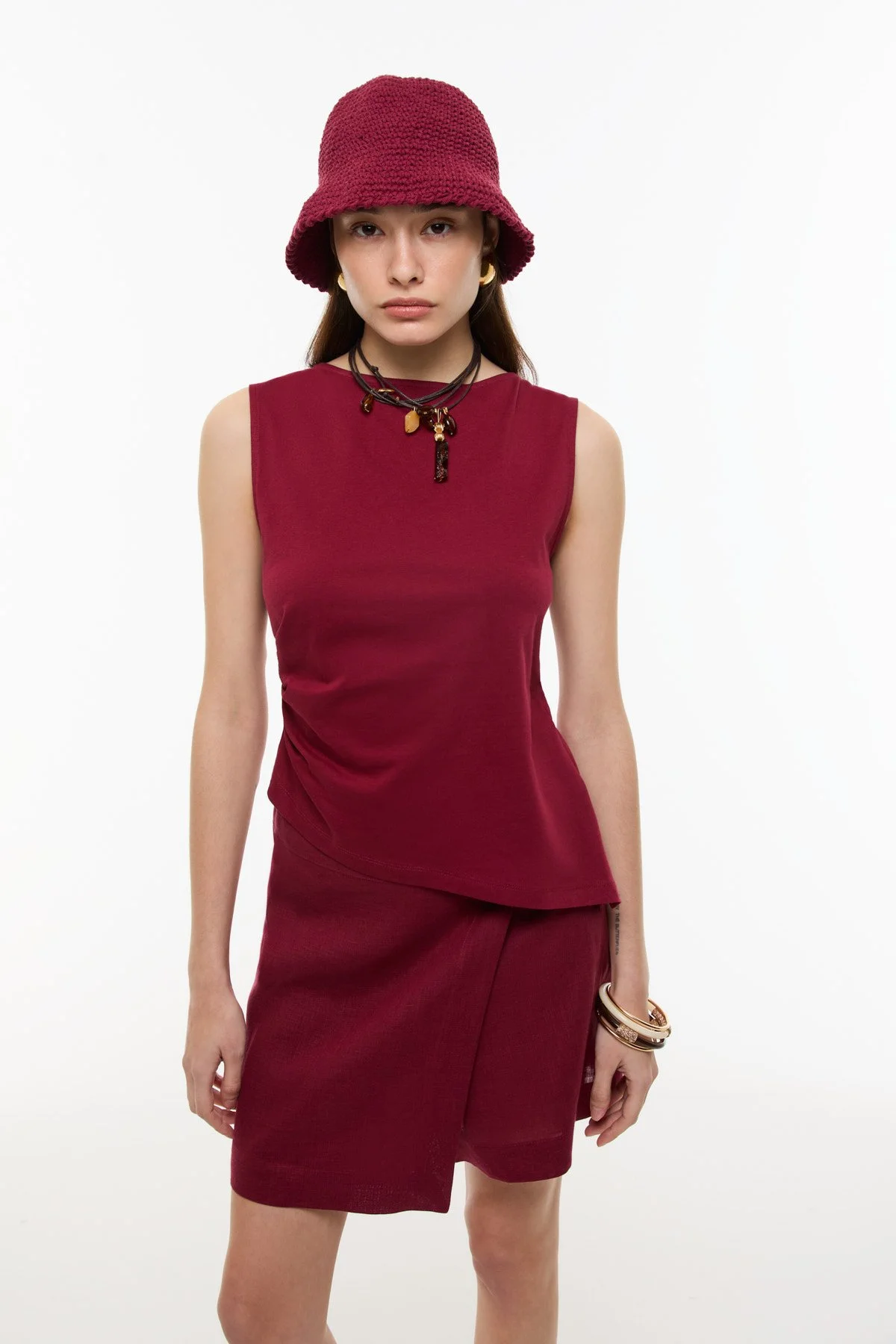 Drape Detaylı Kolsuz T-shirt Bordo - 1