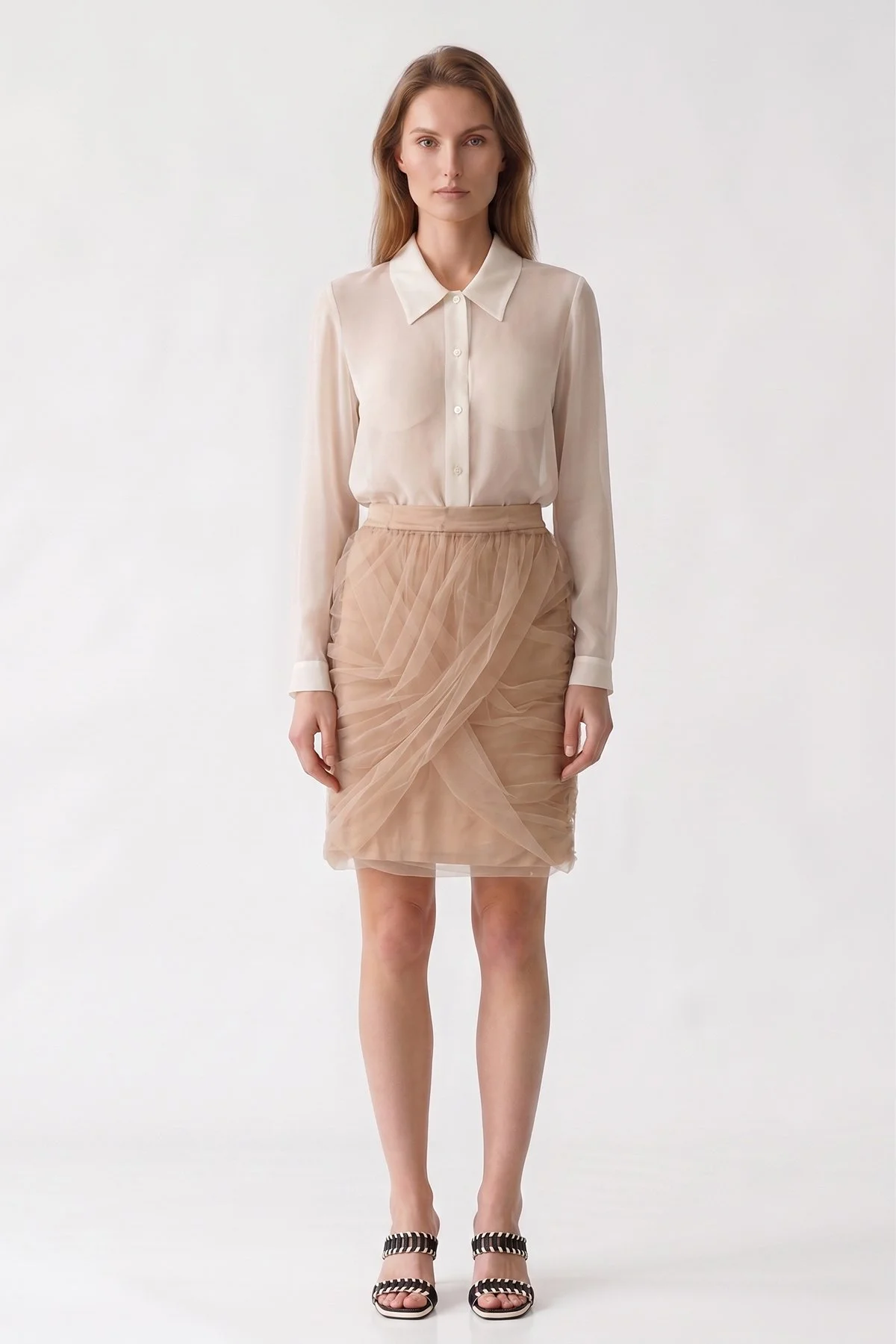 Drape Tüllü Mini Etek Pudra - 1