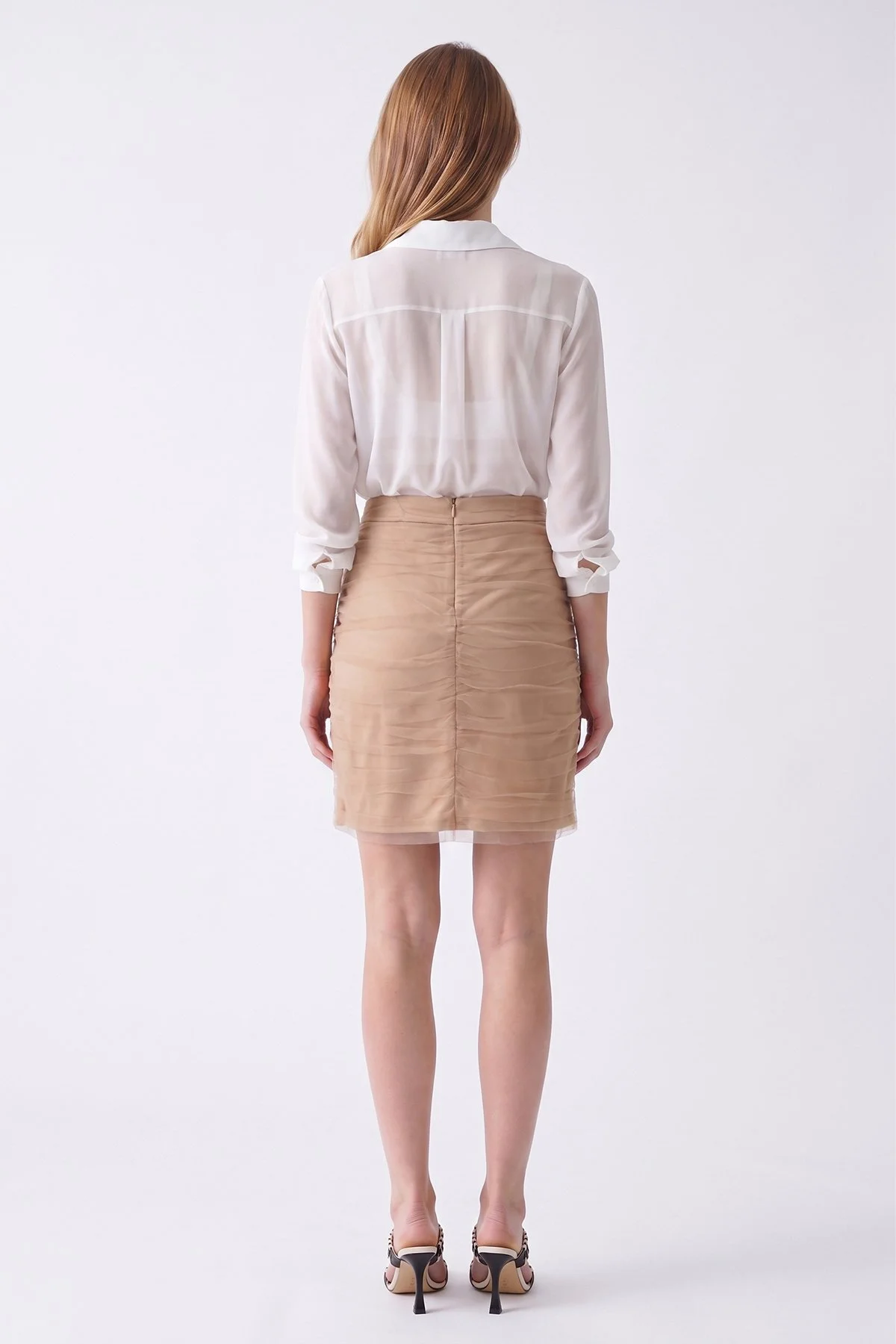 Drape Tüllü Mini Etek Pudra - 2