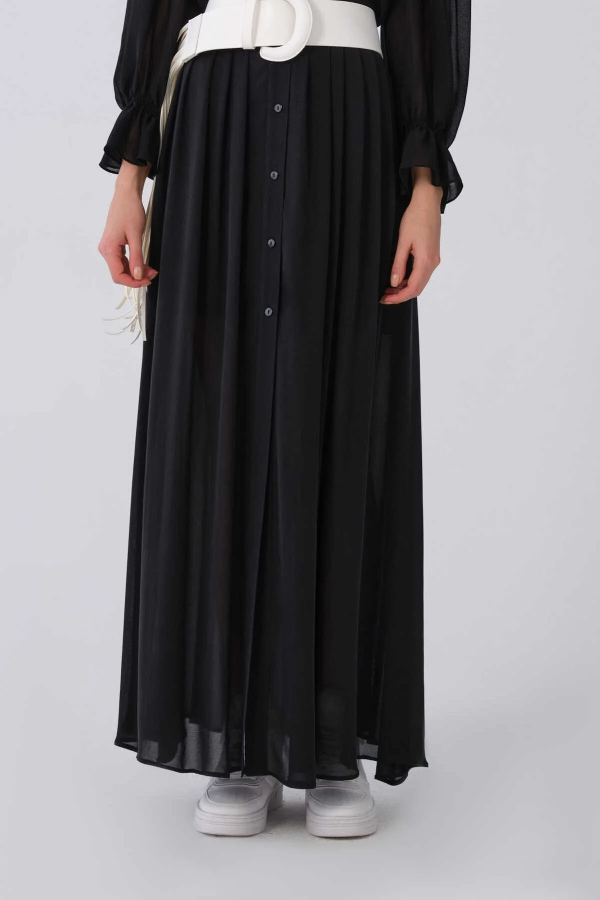 Düğme Detaylı Şifon Uzun Etek Siyah - 1