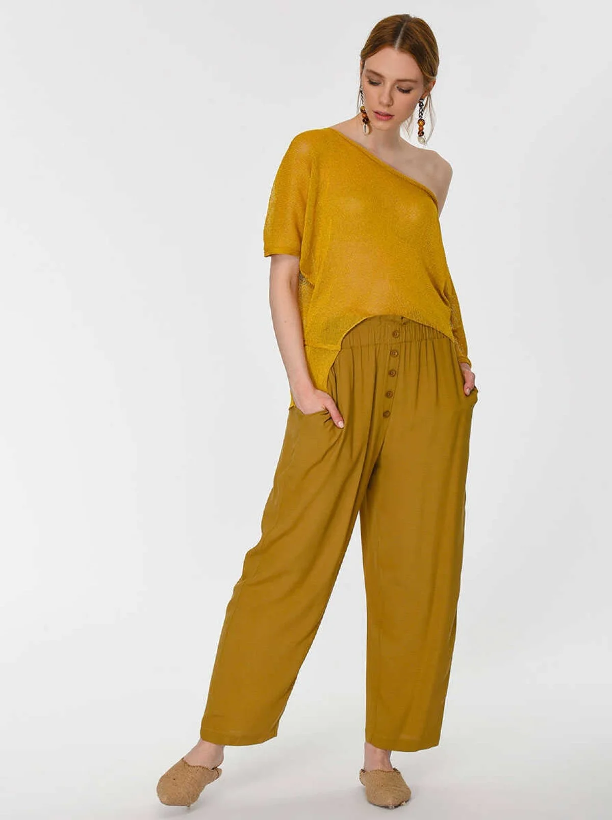 Düğmeli Geniş Pantolon Olive - 4