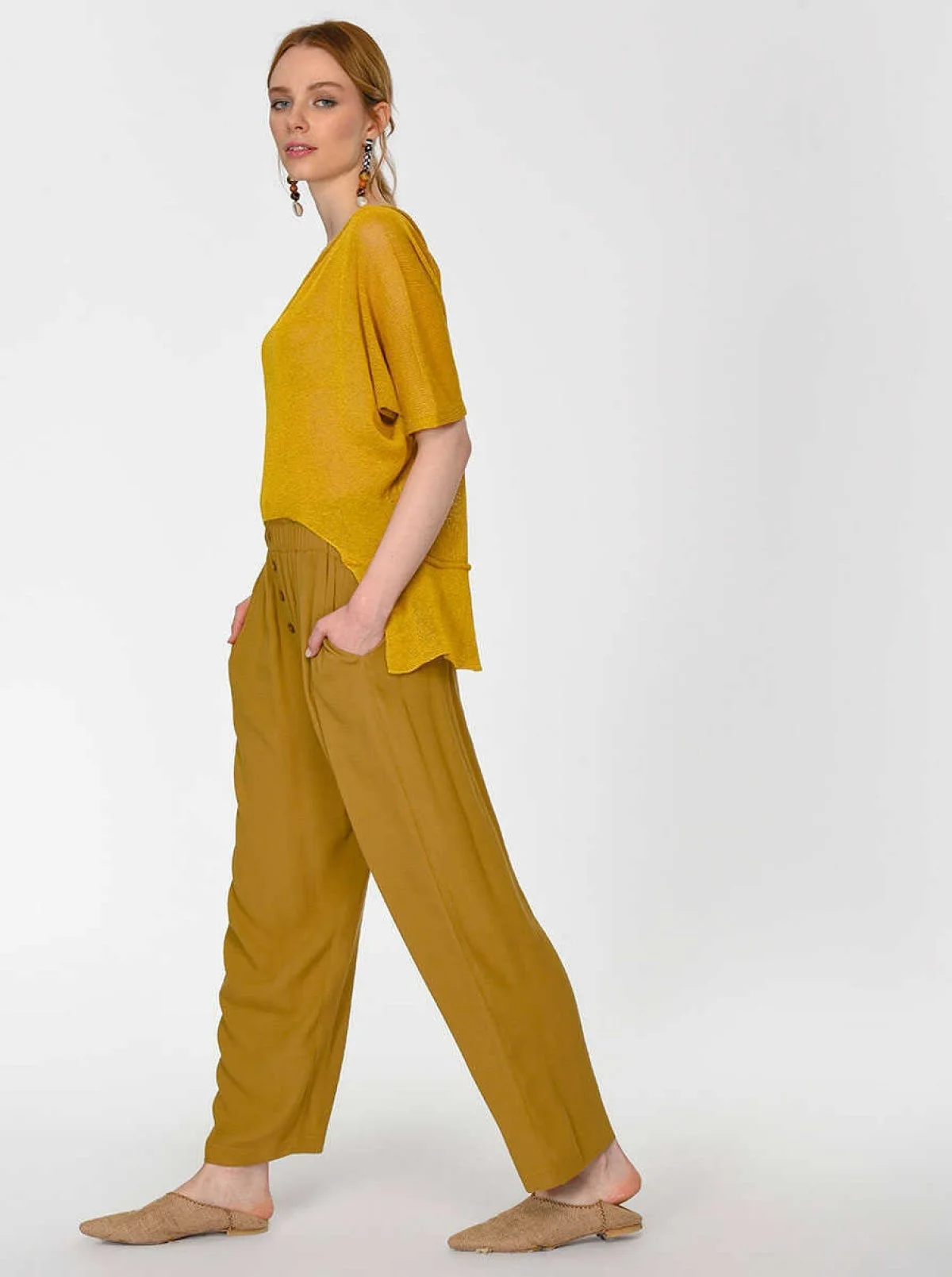 Düğmeli Geniş Pantolon Olive - 3