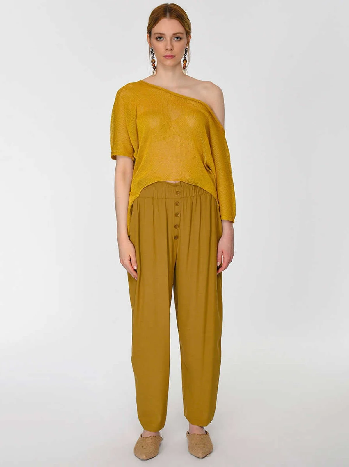 Düğmeli Geniş Pantolon Olive - 1