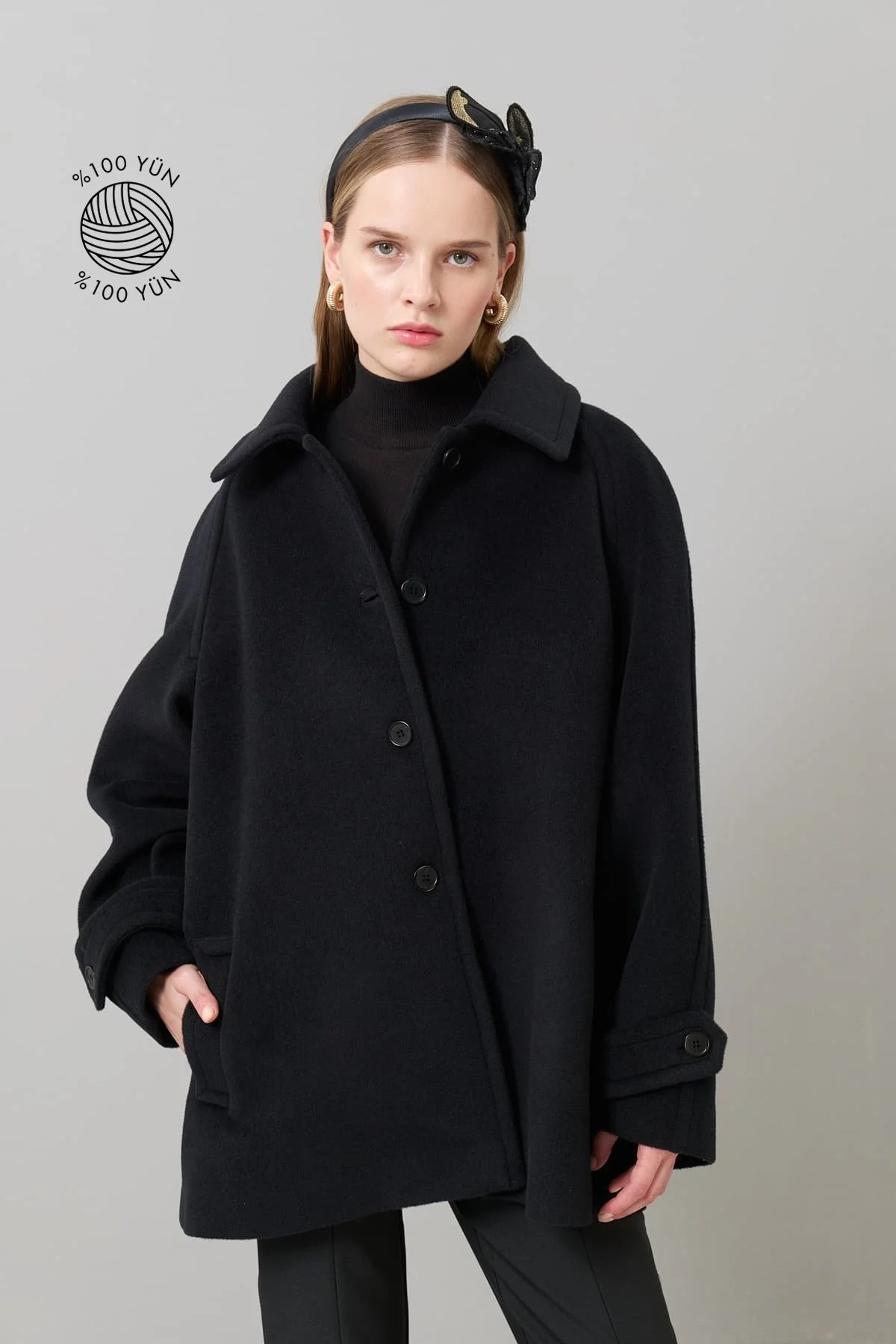 Düğmeli %100 Yün Kaban Siyah - 1
