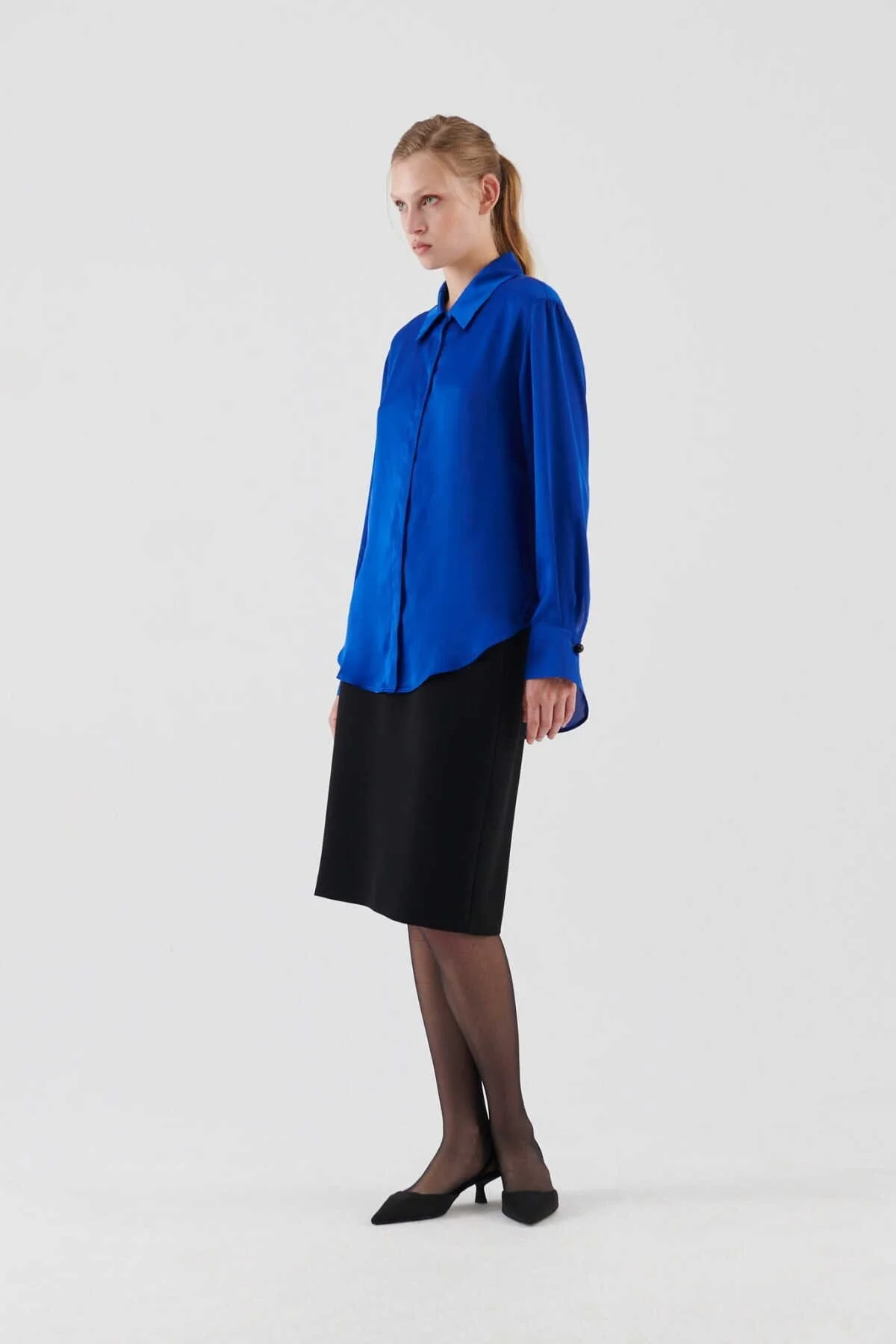  Düğmeli Kadın Gömlek Saks - 3