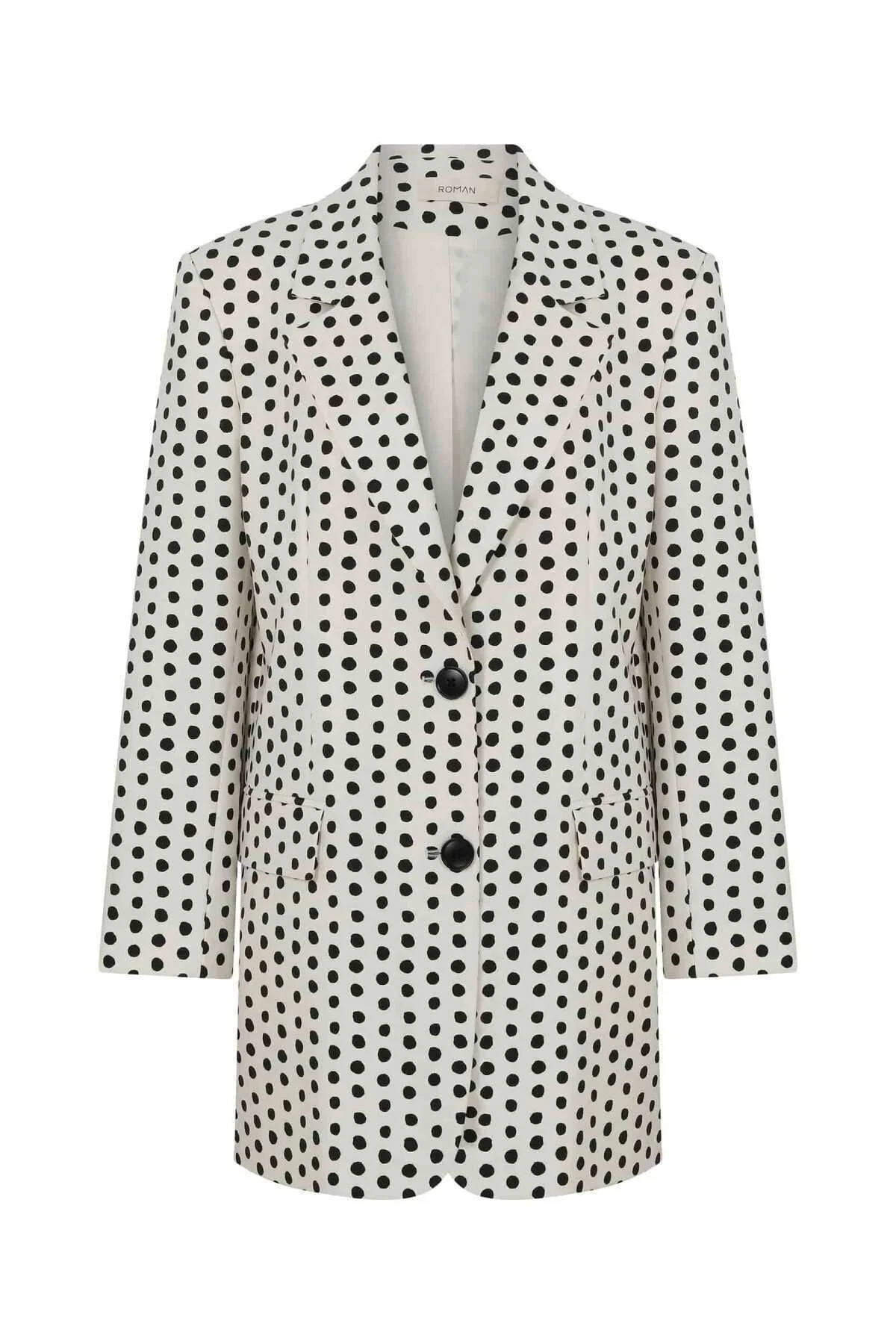 Düğmeli Puantiyeli Kadın Ceket Siyah-Ekru - 4