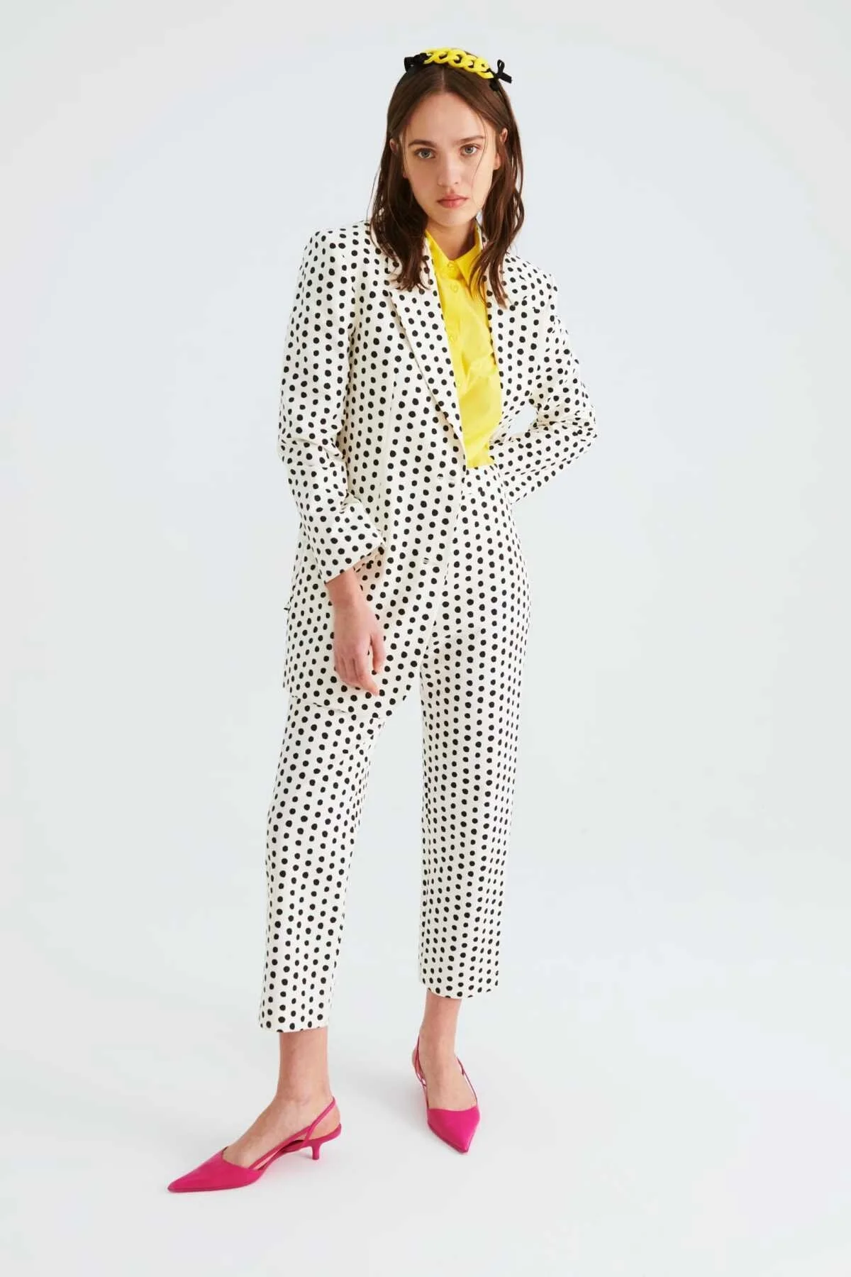 Düğmeli Puantiyeli Kadın Ceket Siyah-Ekru - 3