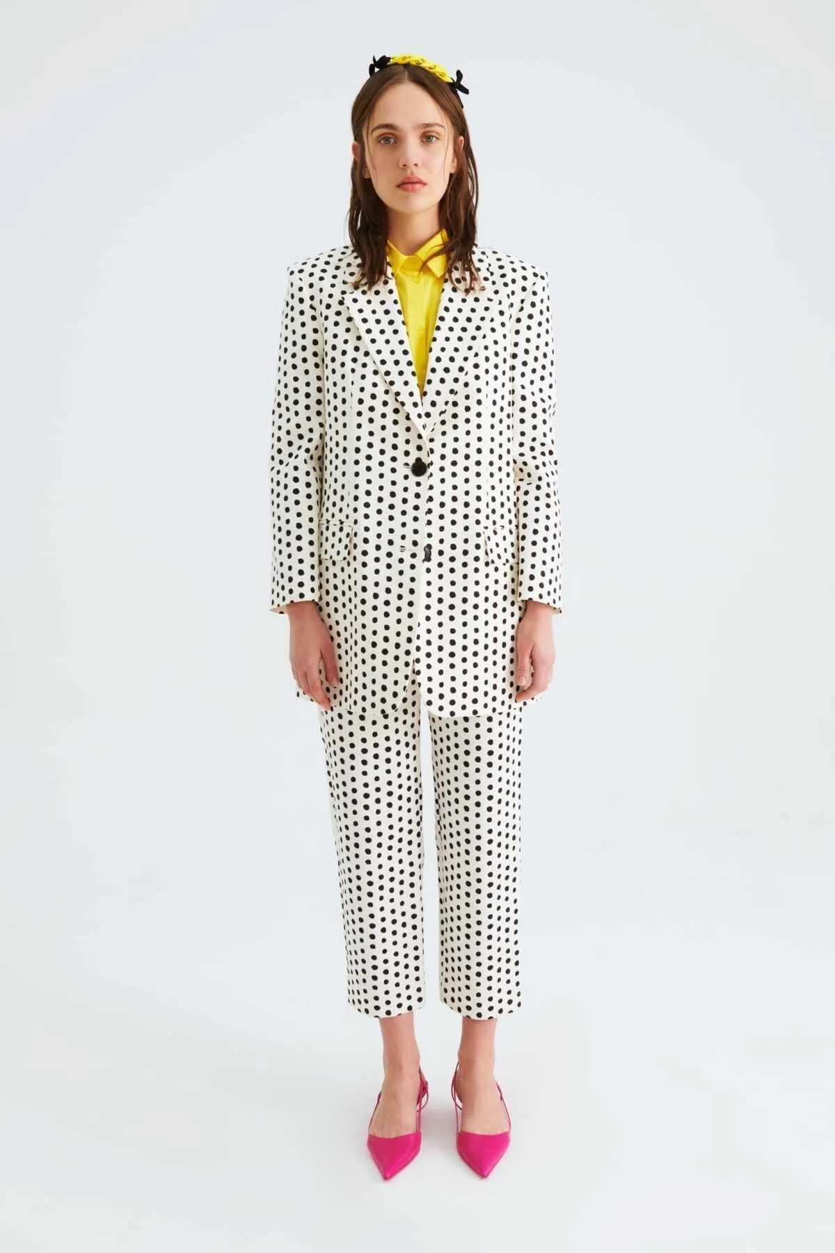 Düğmeli Puantiyeli Kadın Ceket Siyah-Ekru - 1