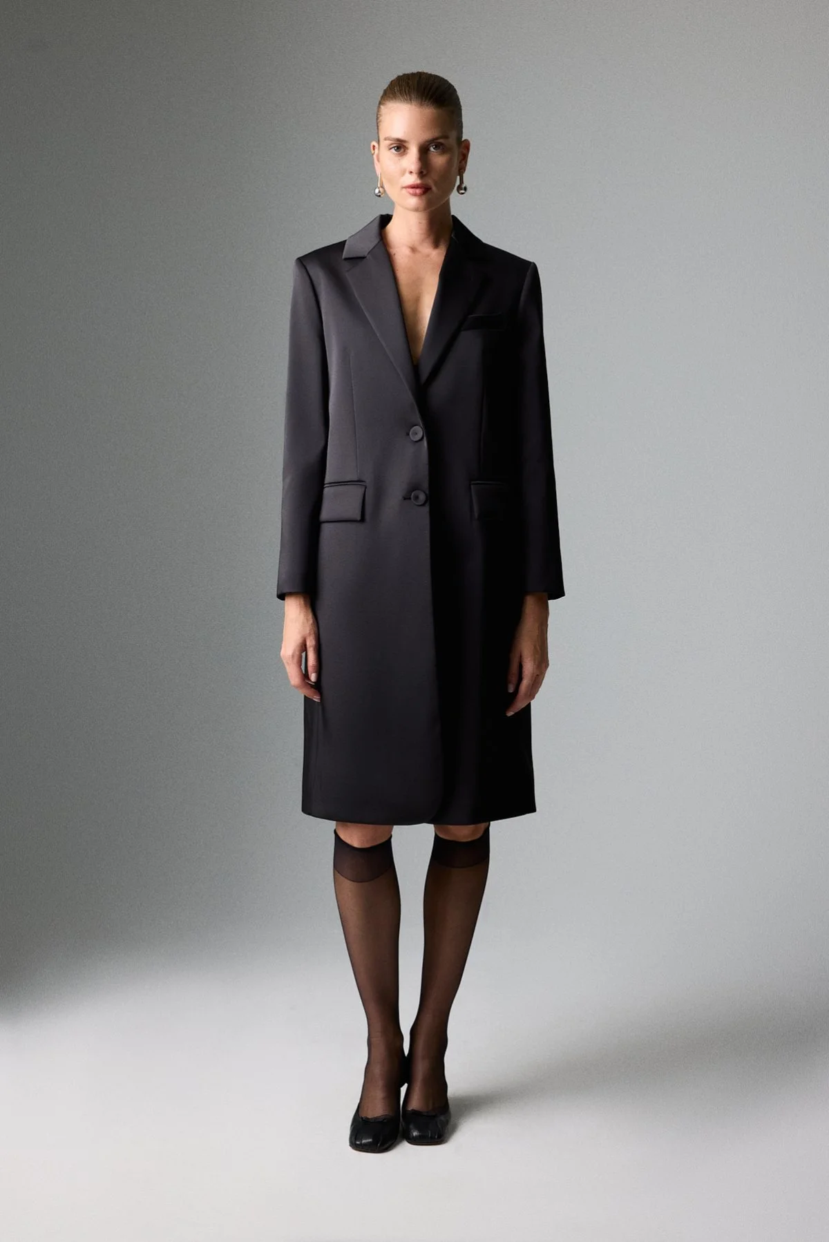 Düğmeli Uzun Ceket Siyah - 1