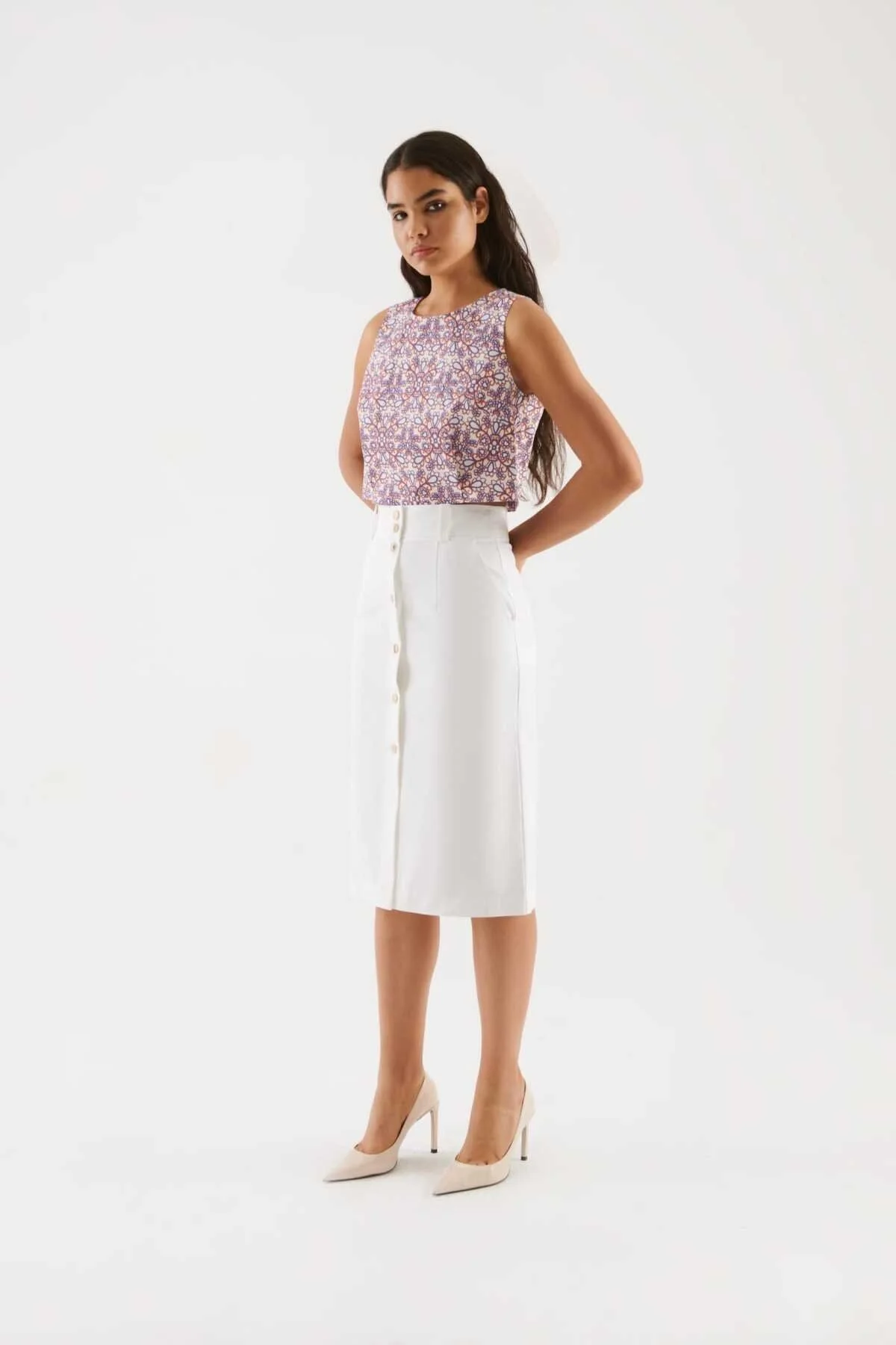 Düğmeli Uzun Etek Beyaz - 1