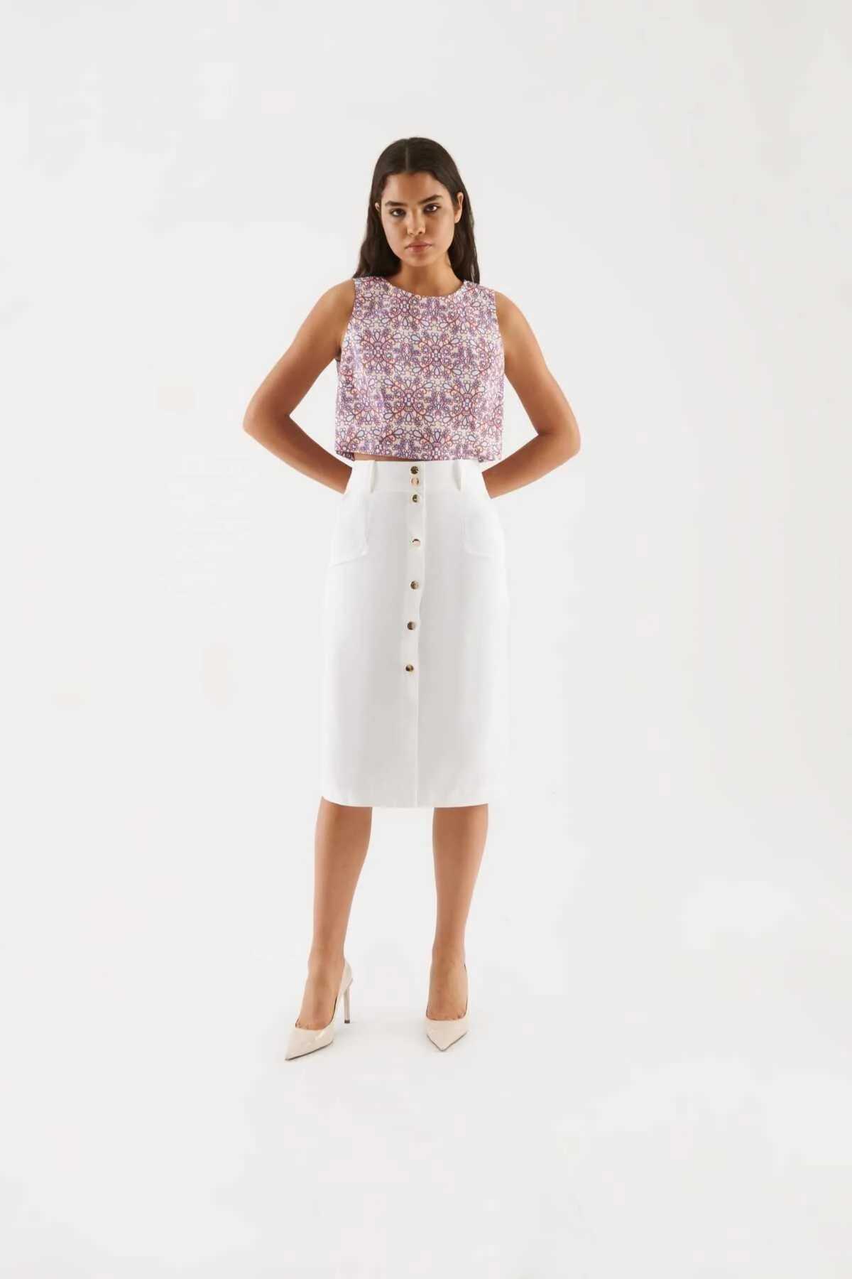 Düğmeli Uzun Etek Beyaz - 3